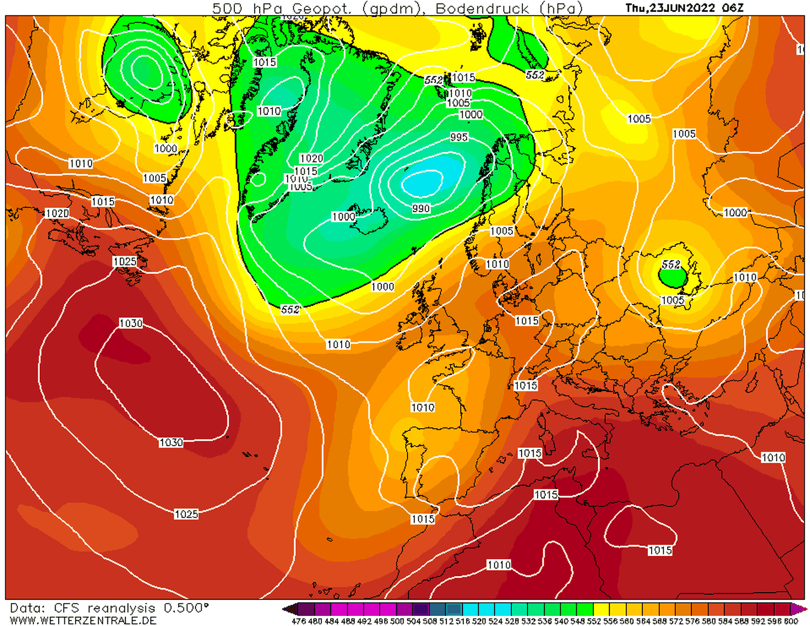 Mapa de 500 hPa i superfície, 23 de juny 2022
