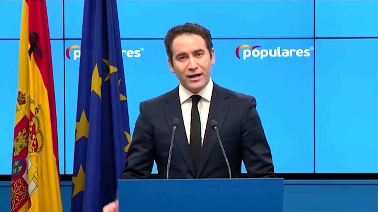 El secretari general del Partit Popular, Teodoro García Egea, durant la seua comparecència per exigir la suspensió de la quota d'autònoms