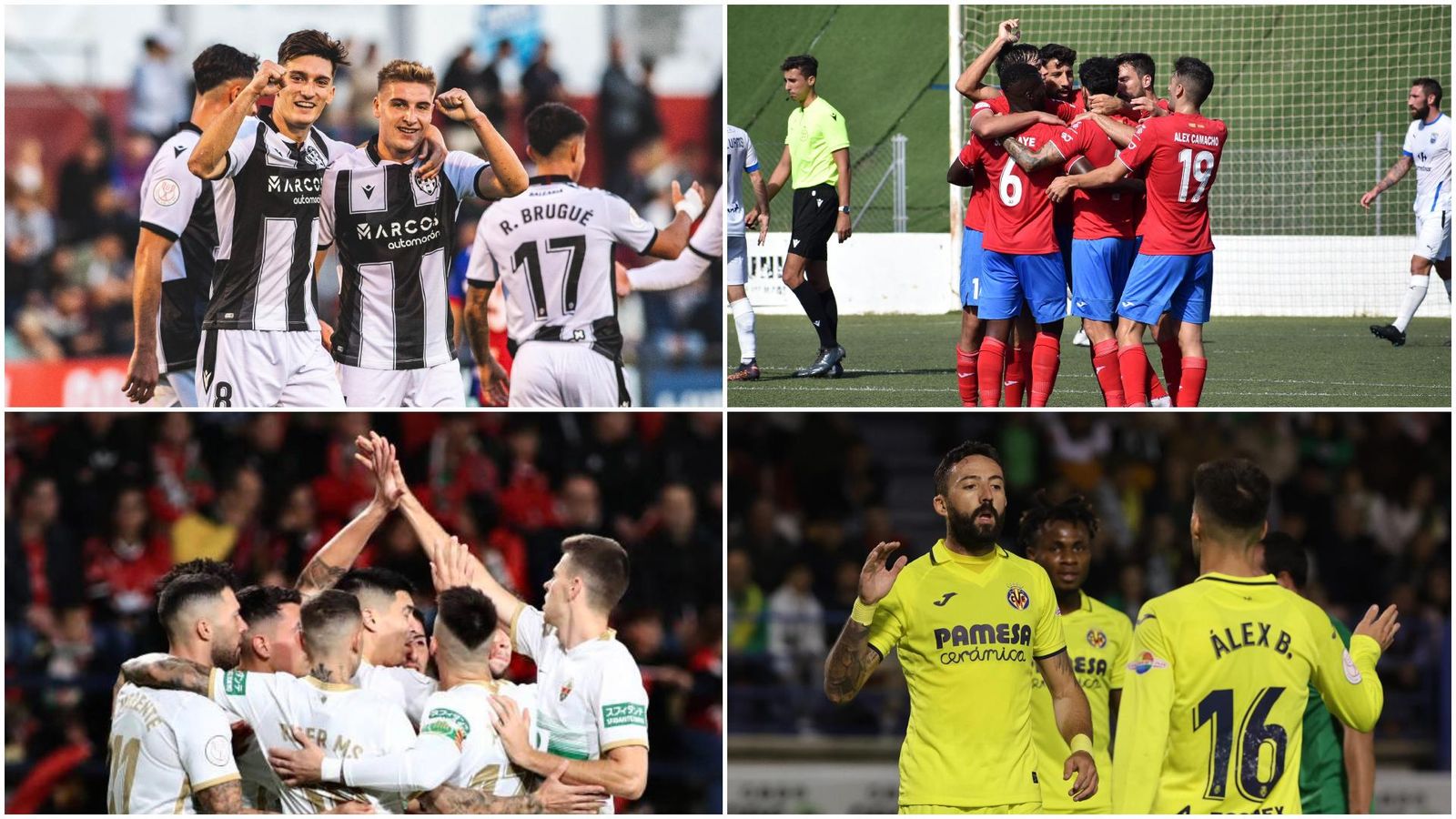 Els jugadors del Llevant, l'Atlètic Saguntí, l'Elx i el Vila-real celebren un gol Els jugadors del llevant, l'Atlètic Saguntí, l'Elx i el Vila-realc elebren un gol