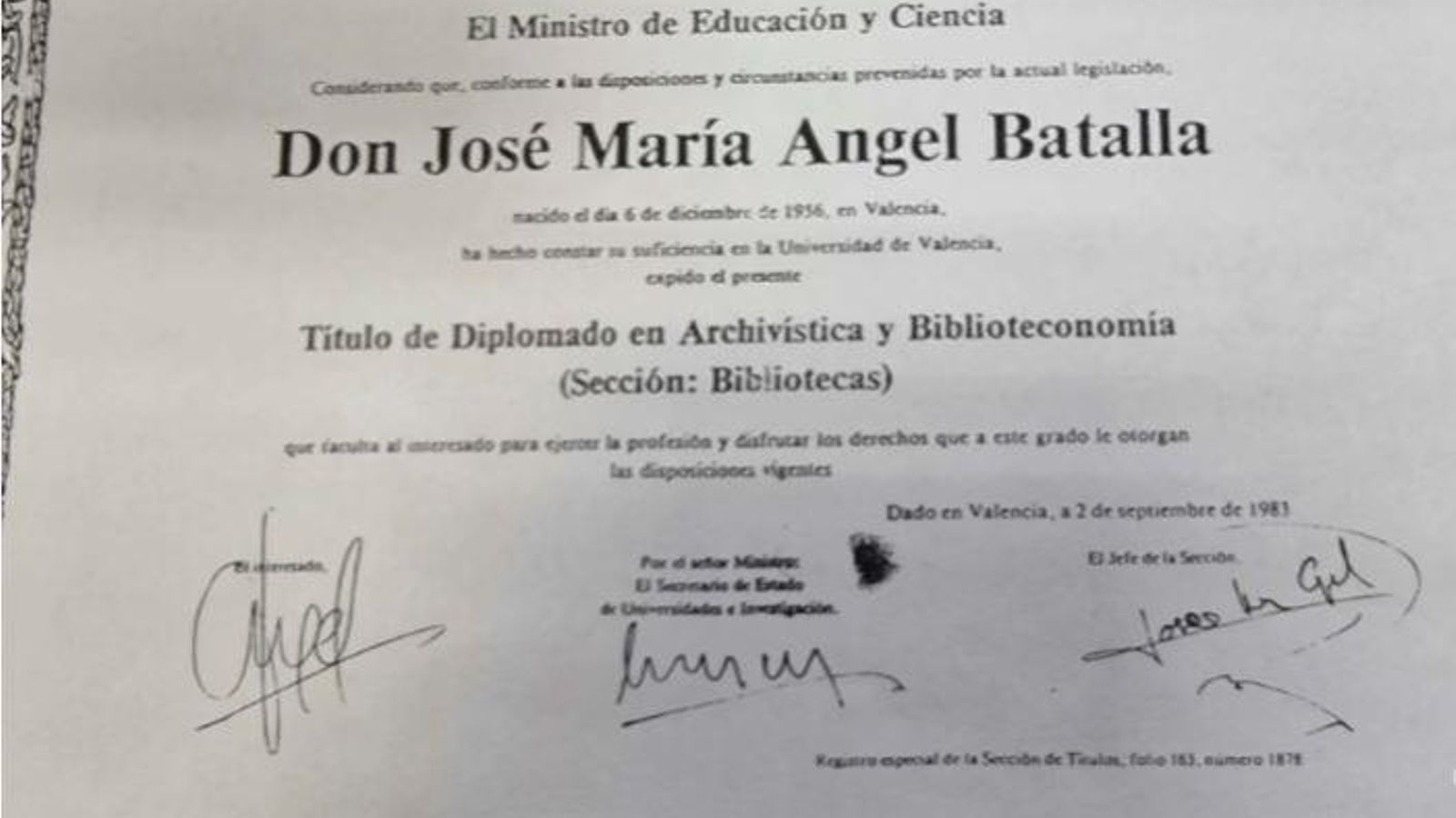 Imatge del títol universitari presumptament falsificat de Josep Maria Ángel