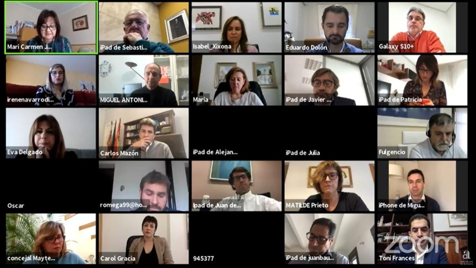 Imatge del primer ple per videoconferència de la Diputació d'Alacant