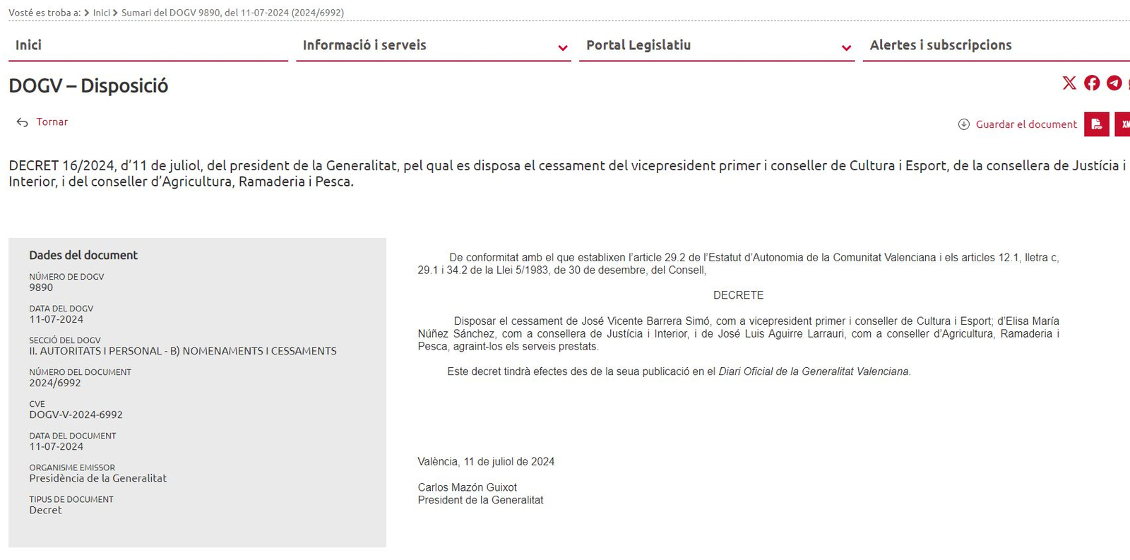 Decret de cesament dels consellers de Vox al govern valencià