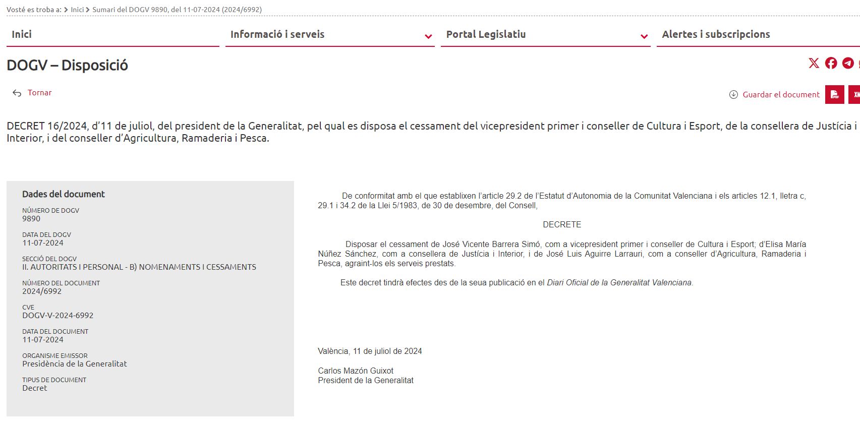 Decret de cesament dels consellers de Vox al govern valencià Decret de cesament dels consellers de Vox al govern valencià