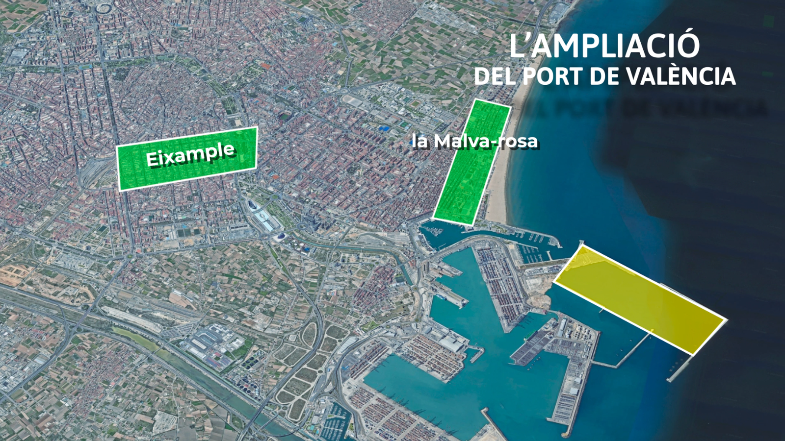 Comparativa de la superfície que ocuparia la macroterminal de contenidors projectada per al port de València Comparativa de la superfície que ocuparia la macroterminal de contenidors projectada per al port de València