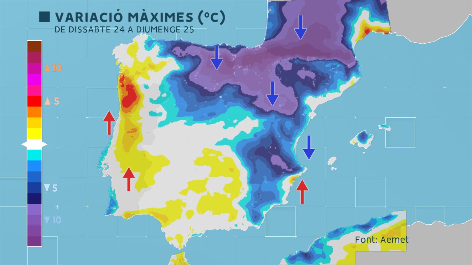 Previsions de temperatures màximes de dissabte 24 a diumenge 25 d'agost
