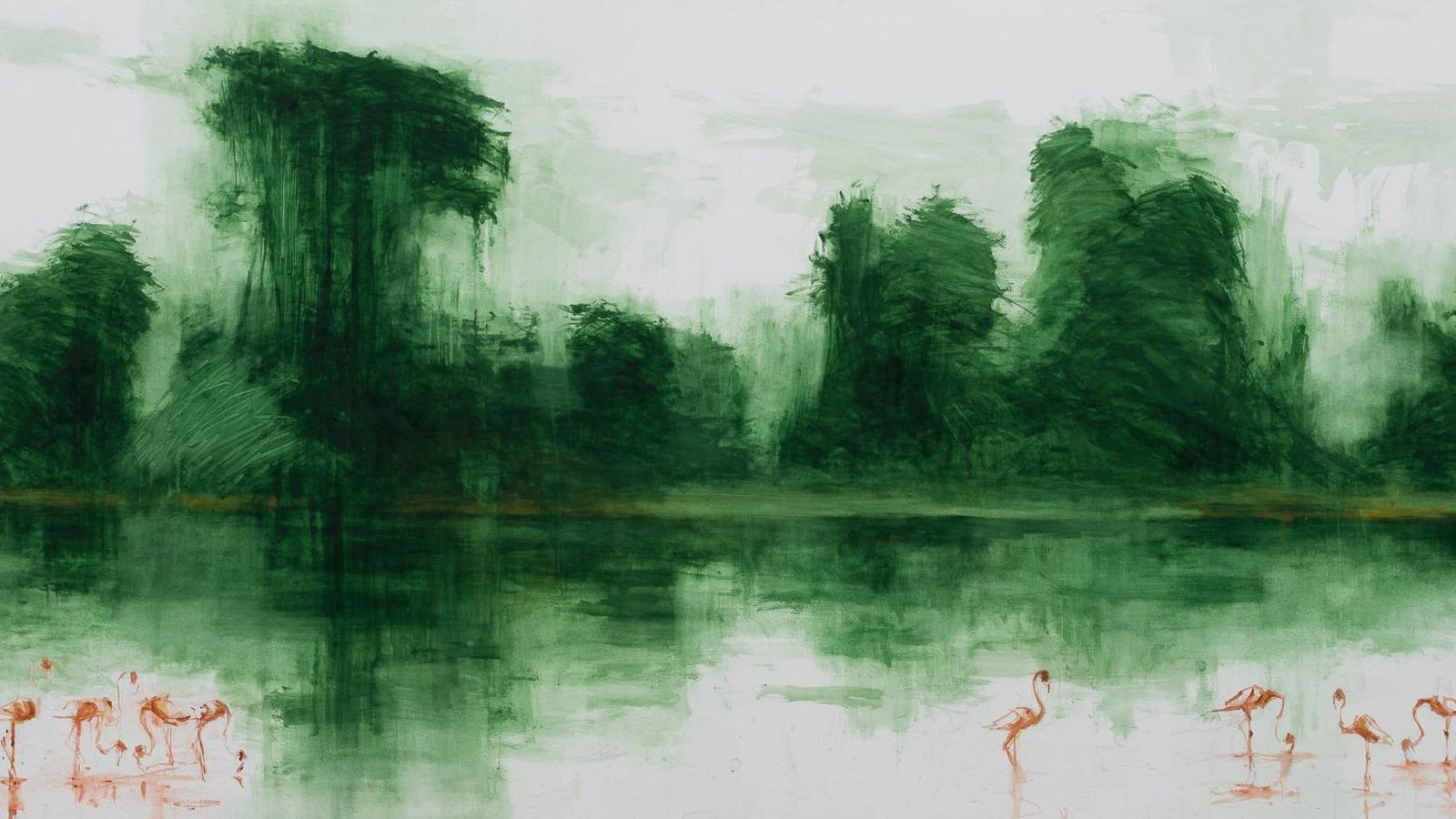 Flamencs en el llac Manyara I, 2020 Oli/tela 150 x 300 cm