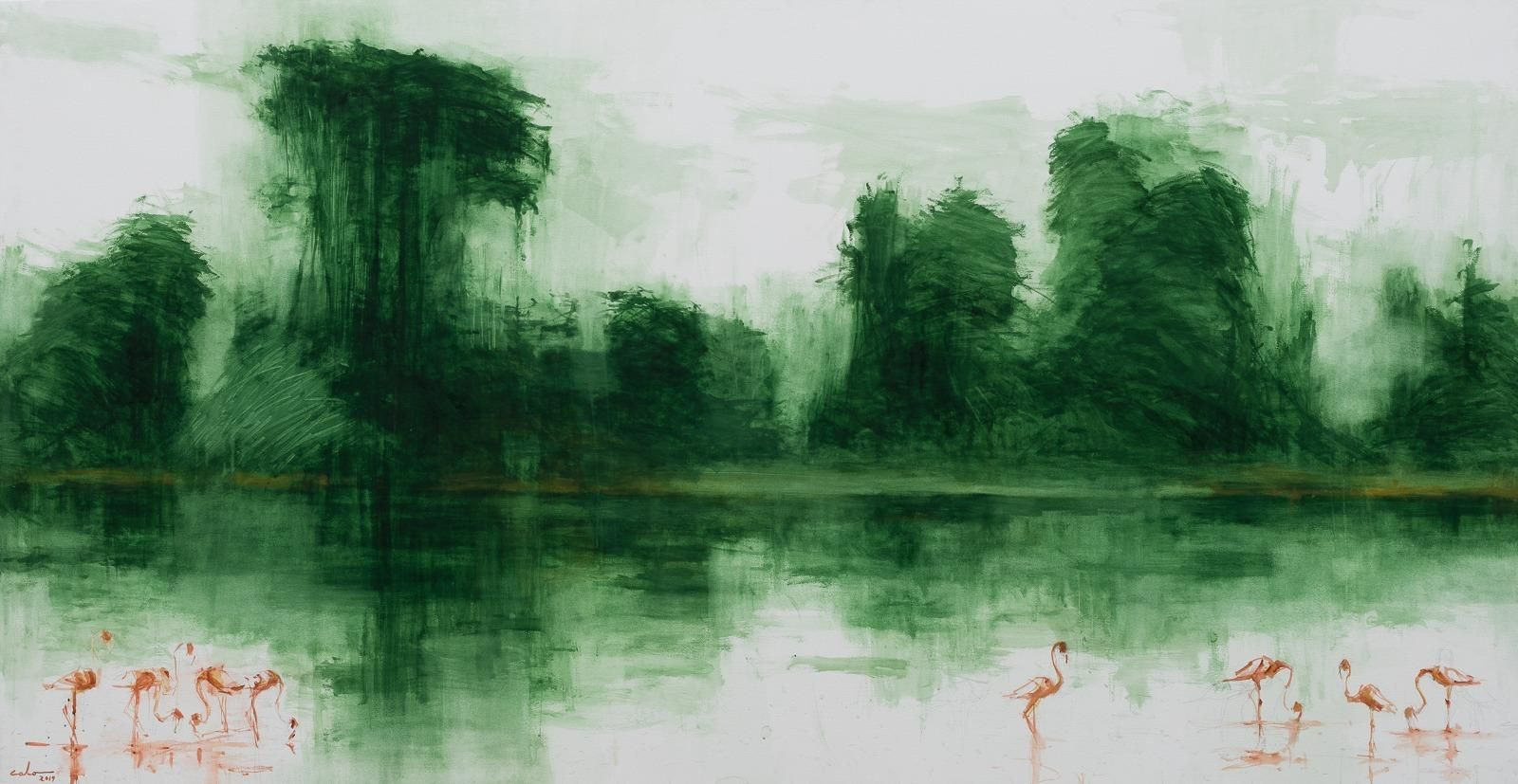 Flamencs en el llac Manyara I, 2020 Oli/tela 150 x 300 cm