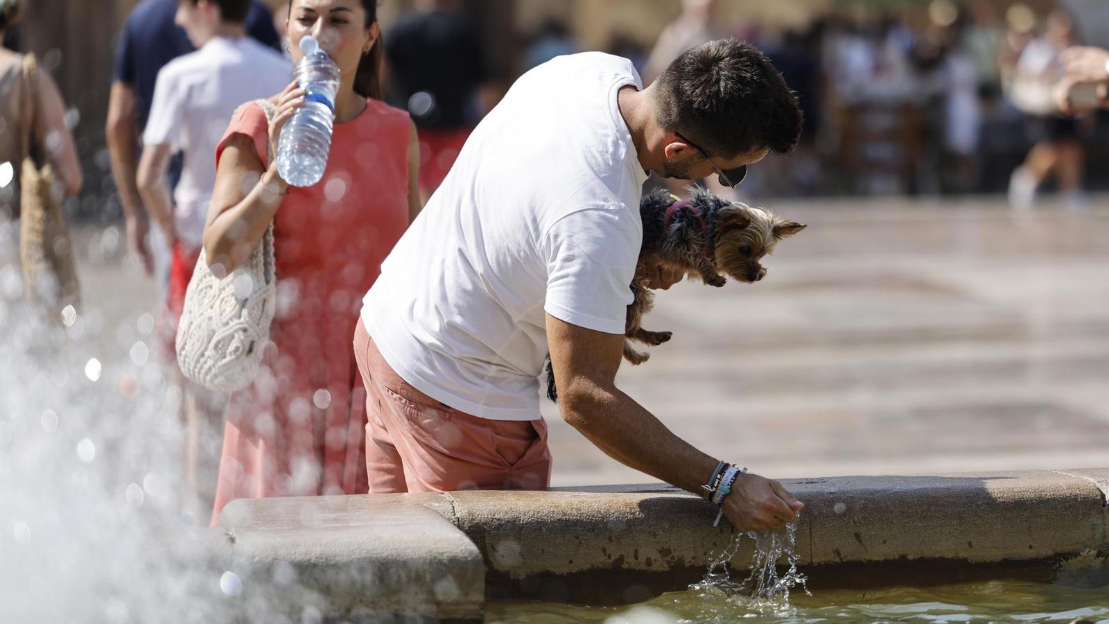 Dues persones es refresquen a la plaça de la Verge de València a migdia