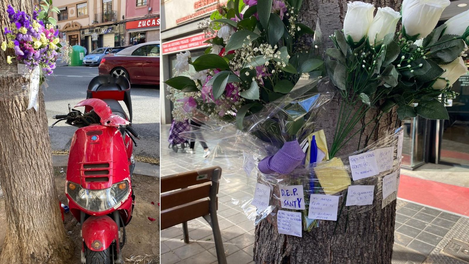 En imatge, la moto accidentada i la corona de flors i els missatges de dol al lloc del sinistre