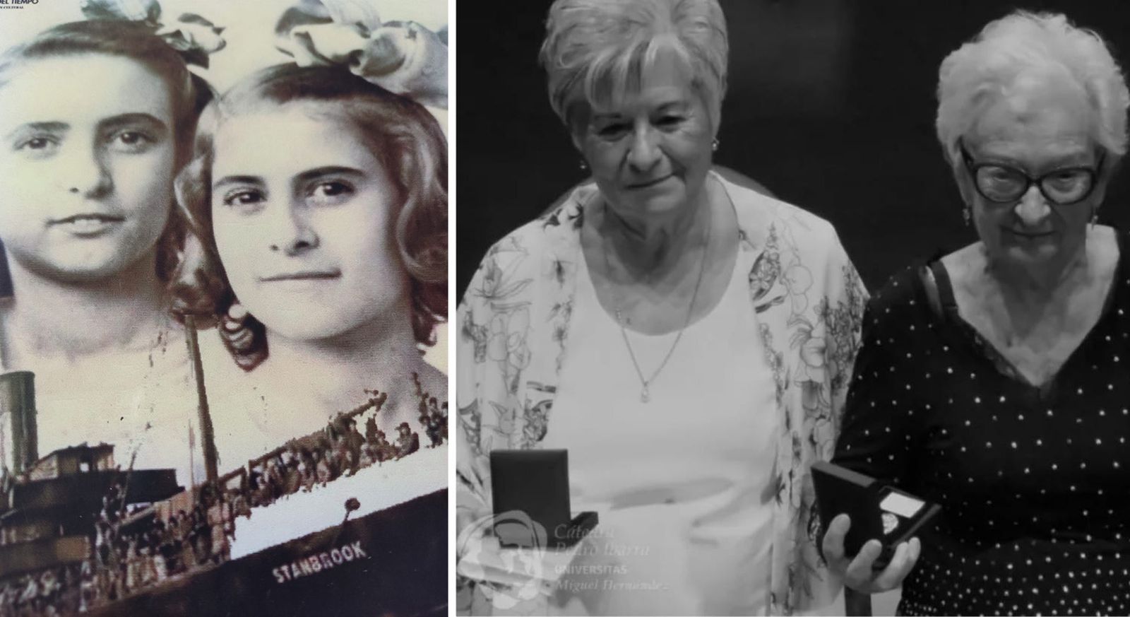 Les germanes González, de menudes, Elles foren part del grup de xiquets de l' Stanbrook. En l' altra foto, Alicia i Helia reben un homenatge a Alacant