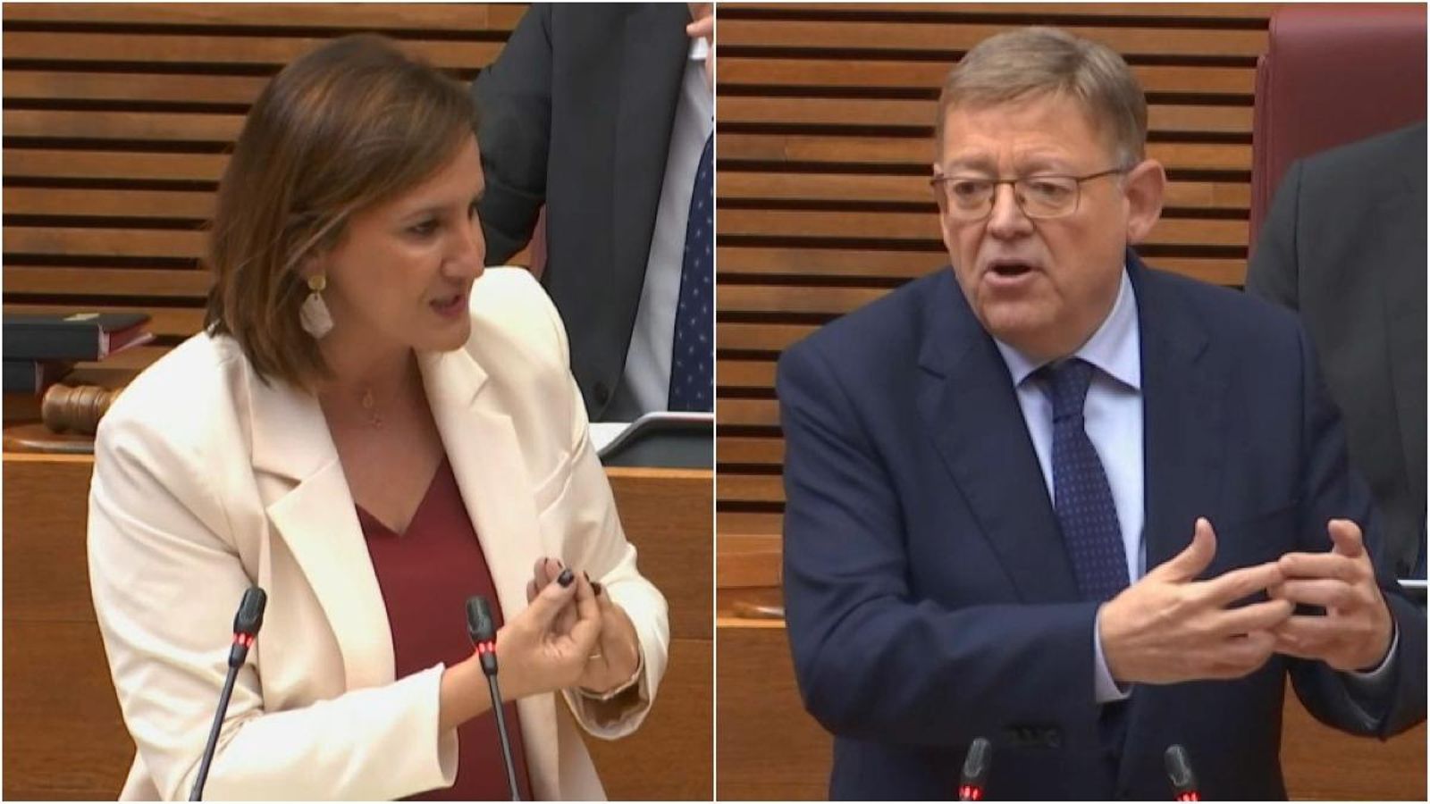 La síndica del PP Mª José Català i el cap del Consell Ximo Puig durant la sessió de control a les Corts