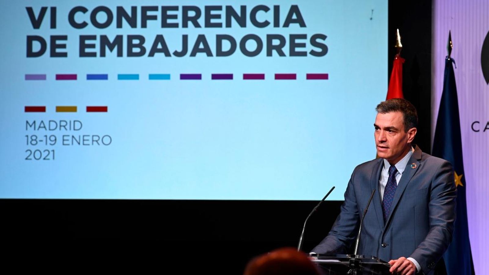 El president del govern espanyol, Pedro Sánchez, en la VI Conferència d'Ambaixadors d’Espanya