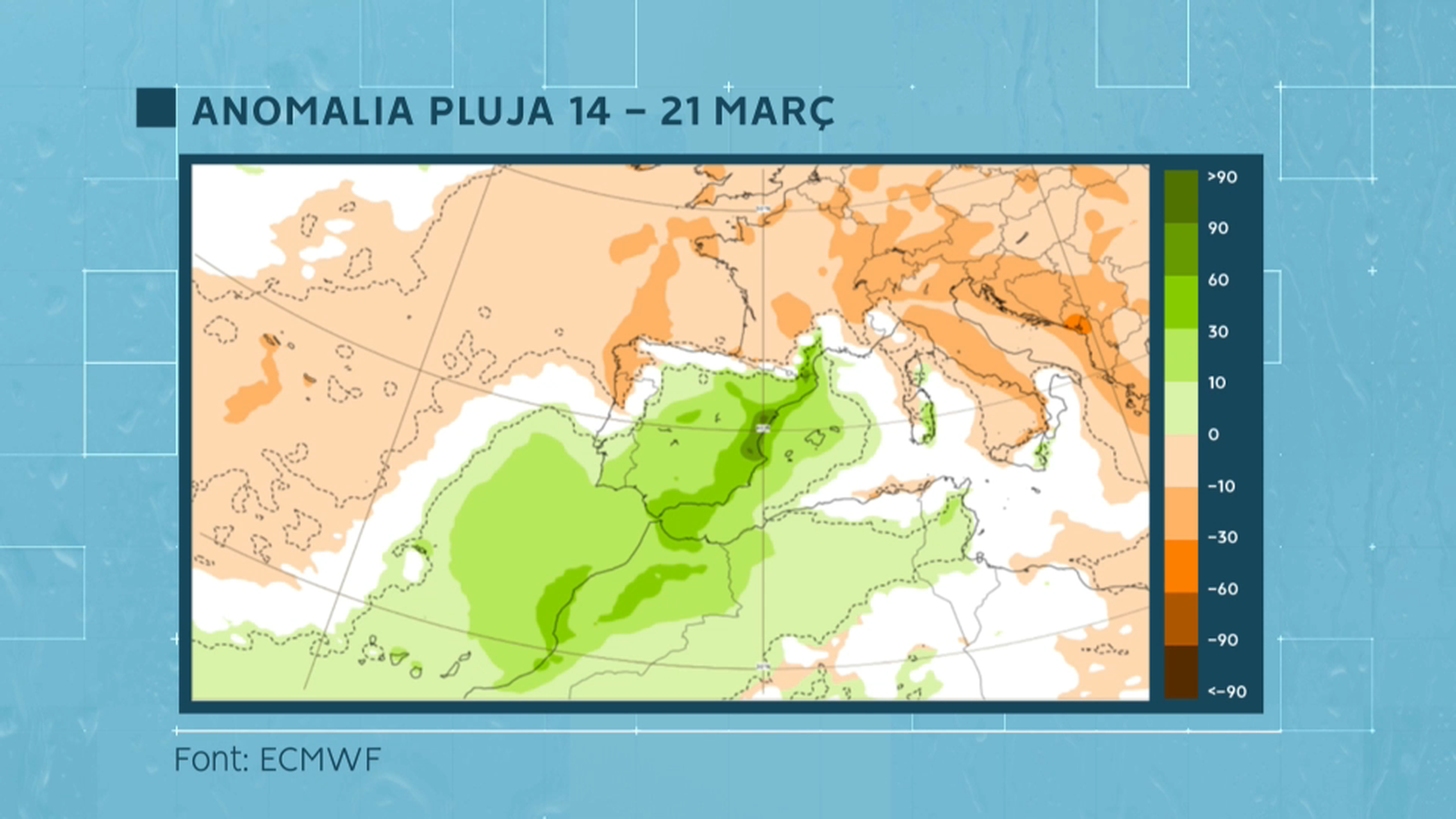Anomalia de pluja per a la setmana fallera d'enguany. Els colors més verds indiquen una major quantitat de precipitacions que la mitjana.