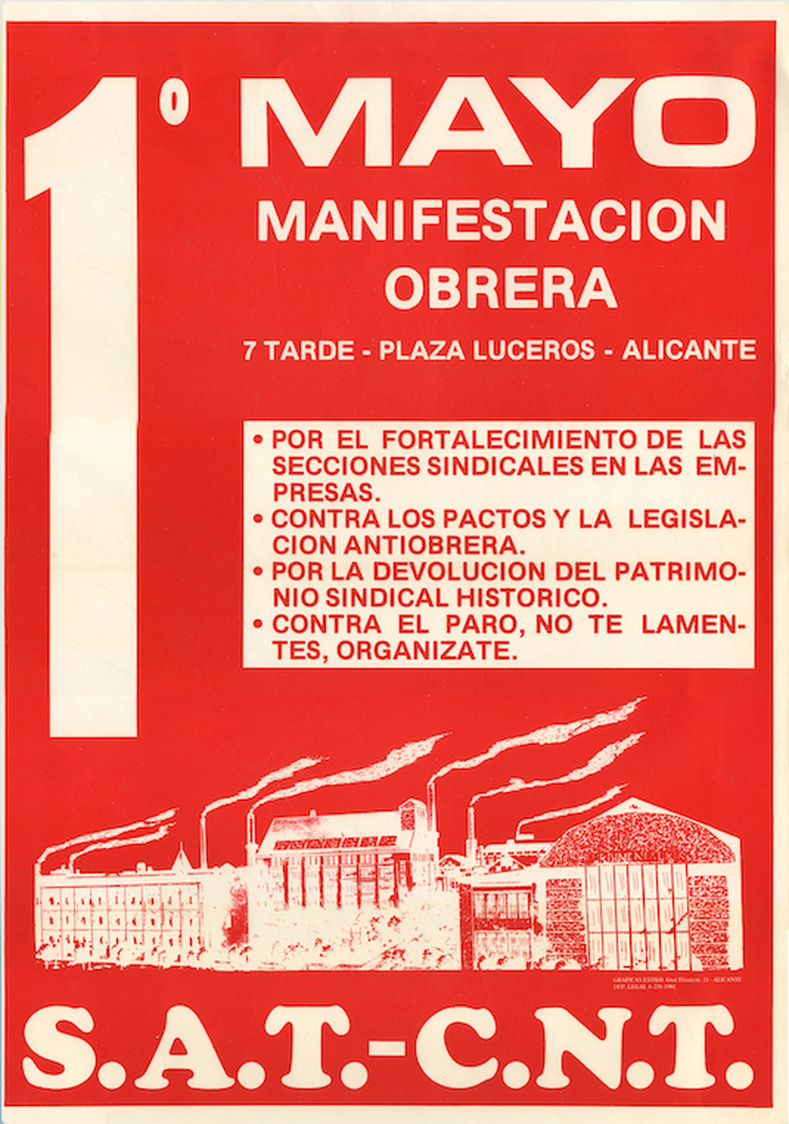 Cartell d'una manifestació del 1r de Maig a Alacant. Procedeix de l'Arxiu de la Democràcia de la Universitat d'Alacant.