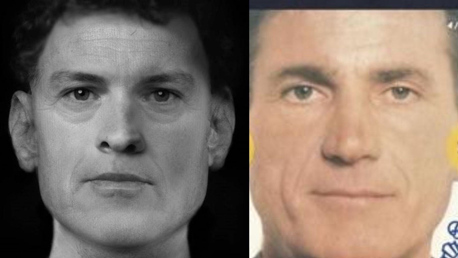 A l'esquerra, reconstrucció facial del crani irlandes i a la dreta l'envelliment digital de la fitxa policial d'Anglés