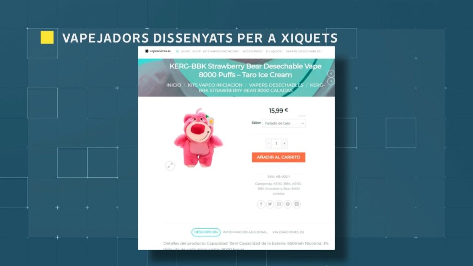 Imatge d'un web d'Internet en què s'ofereixen vapejadors infantils