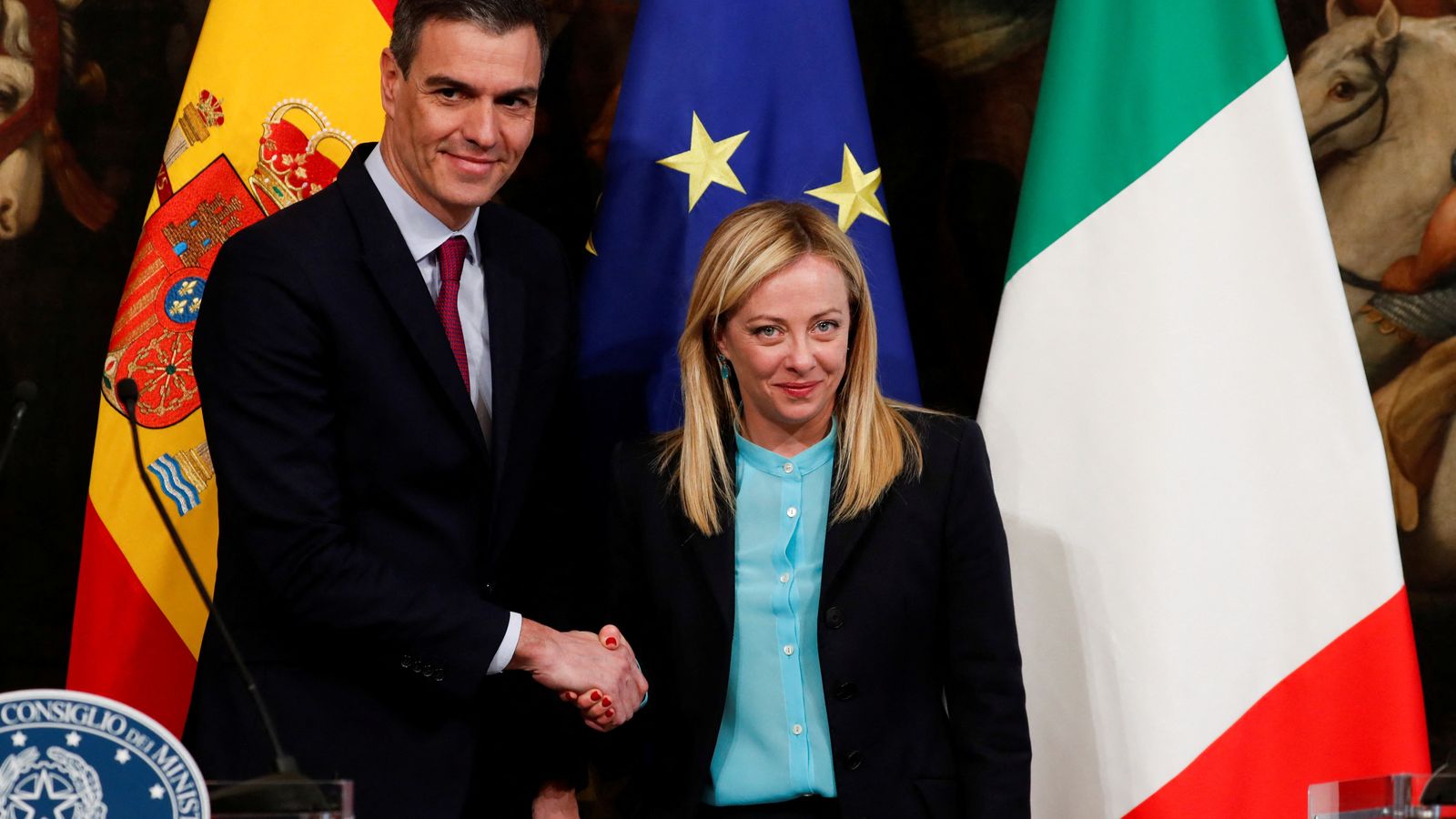 El president del govern espanyol, Pedro Sánchez, i la primera ministra italiana, Giorgia Meloni, aquest dimecres a Roma
