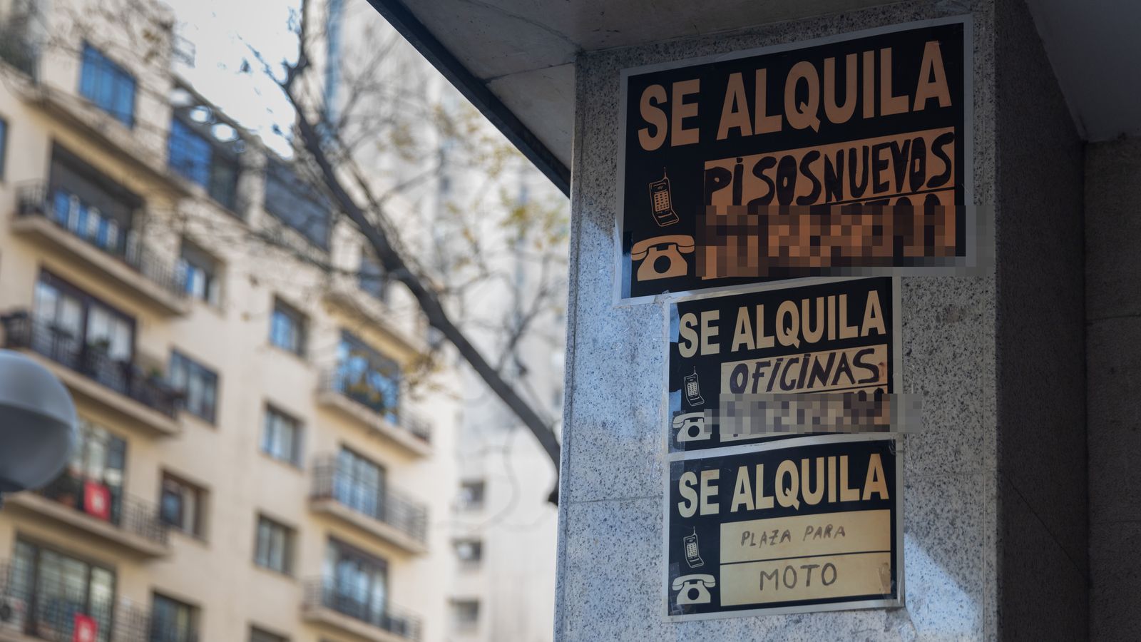 Cartells d'es lloga pegats en un edifici