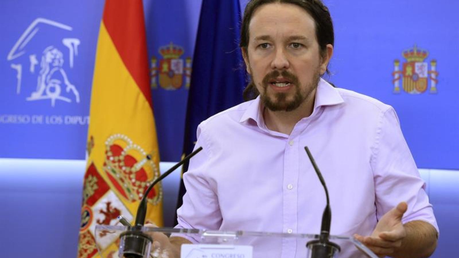 El líder de Podem, Pablo Iglesias, en la roda de premsa que va oferir aquesta setmana després de reunir-se amb el rei.