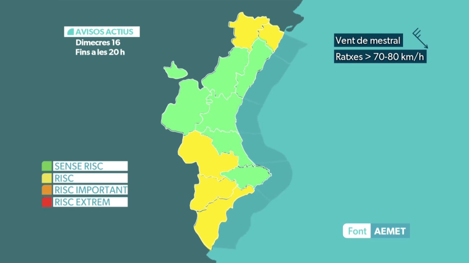 Avís groc per fort vent per a dimecres