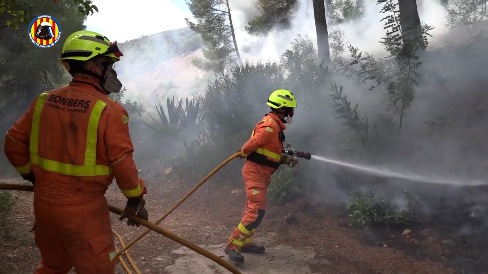 Efectius del Consorci Provincial de Bombers de València en les tasques d'extinció de l'incendi forestal de Montitxelvo