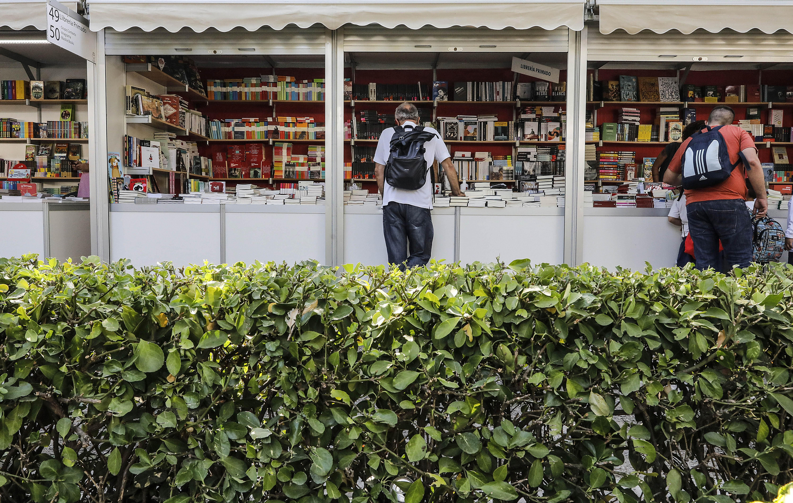 Un grup de lectors passeja per la Fira del Llibre de València, als Jardins de Vivers, en 2022