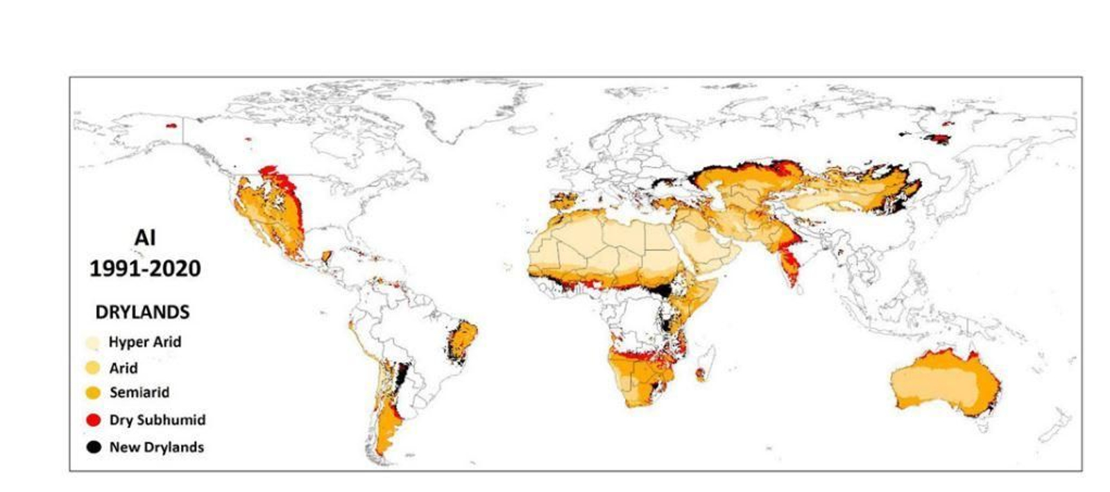 Mapa global de terres seques en 1991-2020 (utilitzant la classificació de l'índex d'aridesa)