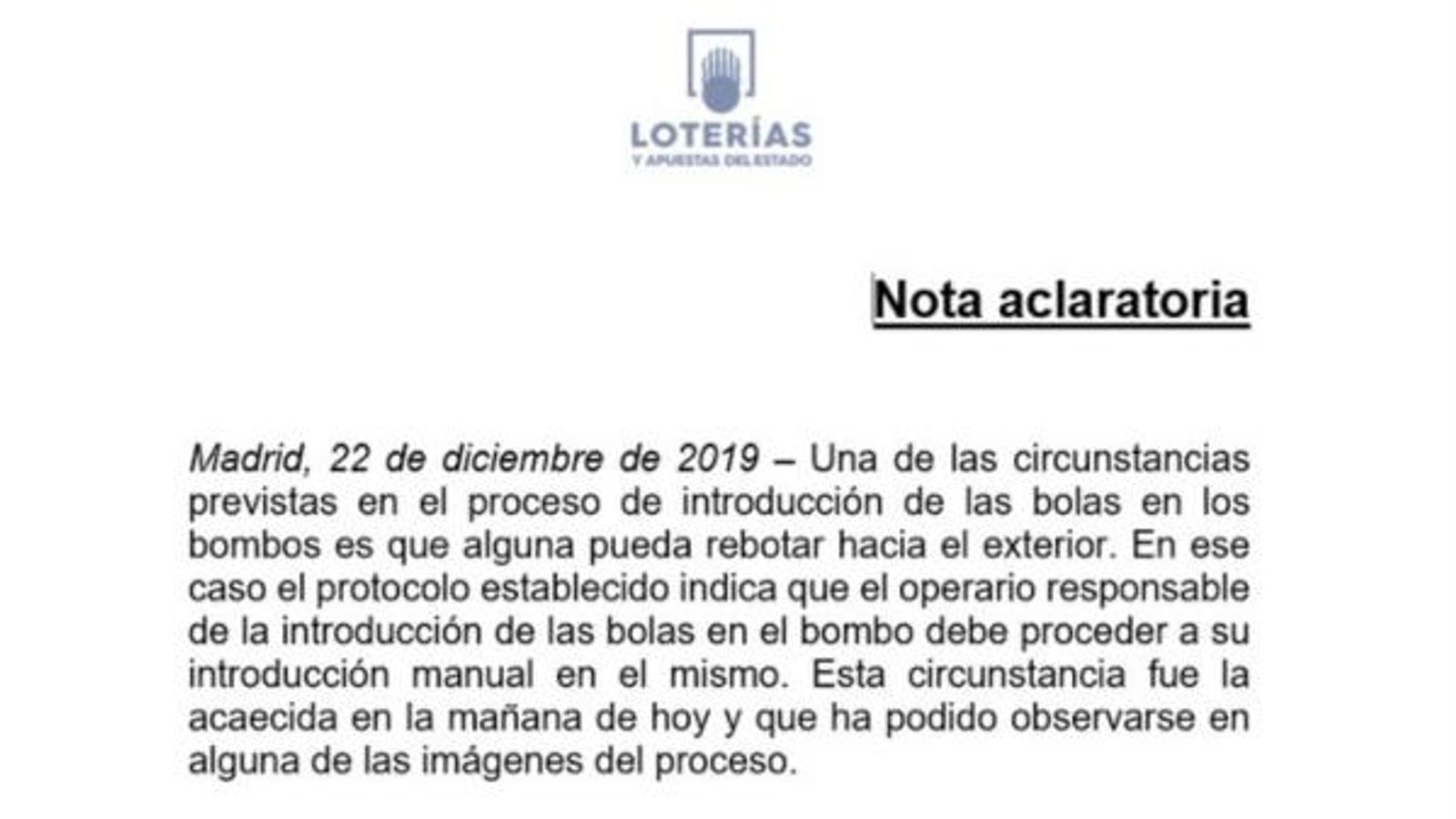 Comunicat oficial de Loteries i Apostes de l’Estat