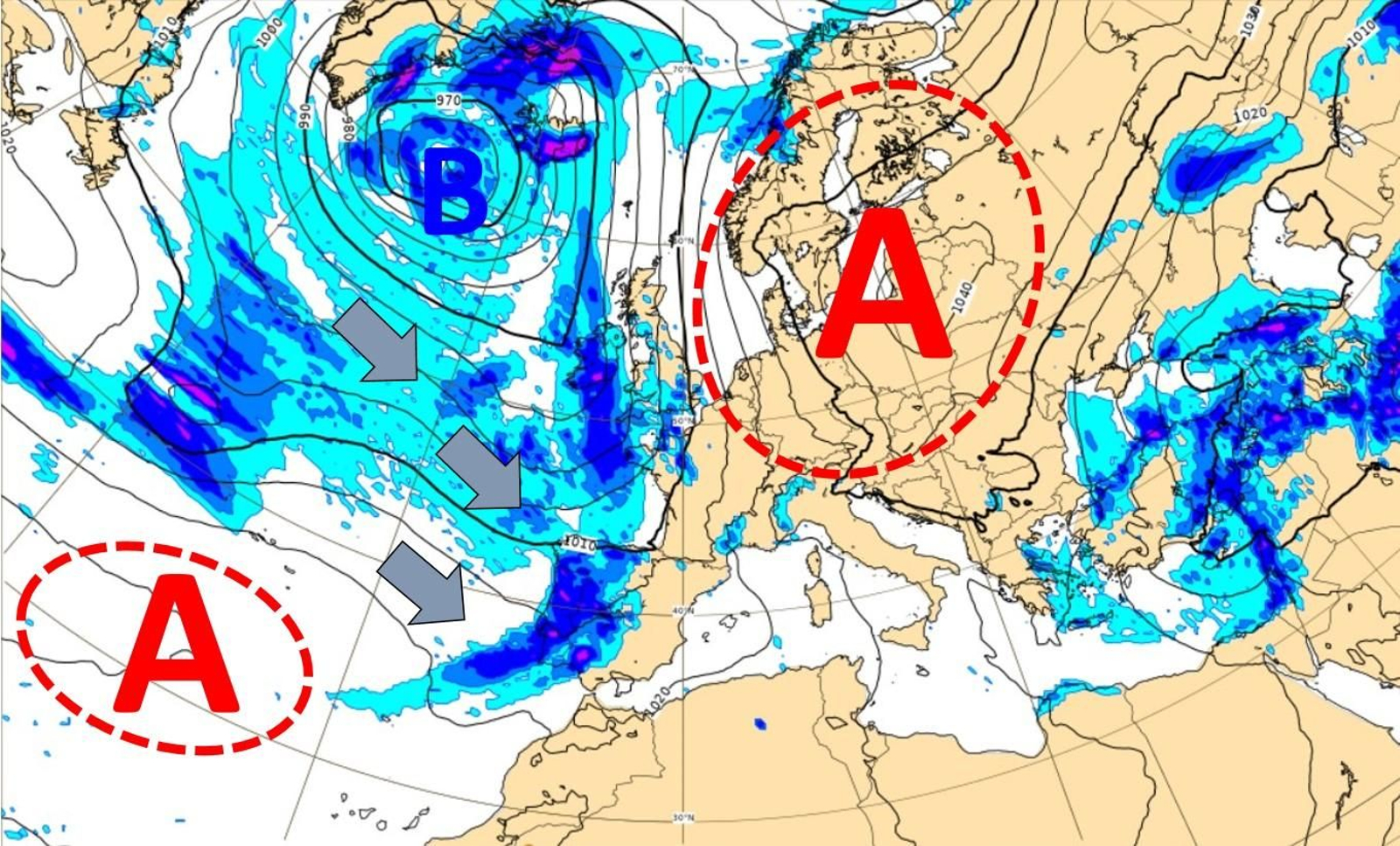 Front atlàntic que arribarà divendres de matí a l'oest de la Penísnula. Font: ECMWF