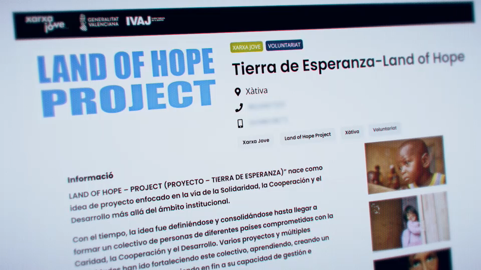 Imatge del web de l'ONG mostrada en 'Zoom'