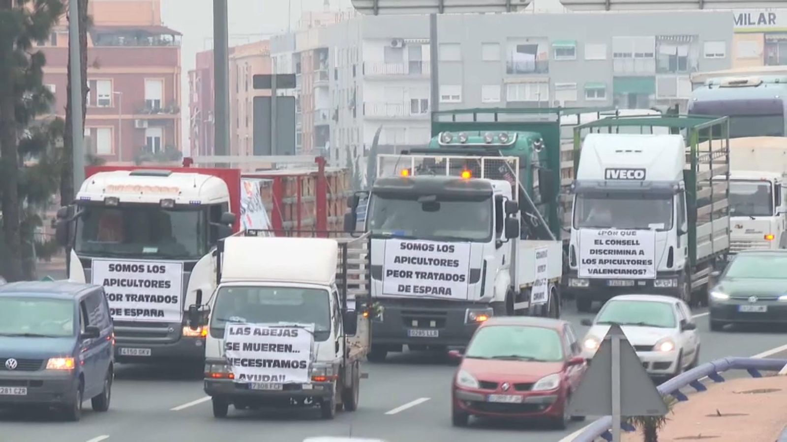 Un centenar de camions dels apicultors valencians han rodat per València amb cartells de denúncia sobre la seua situació
