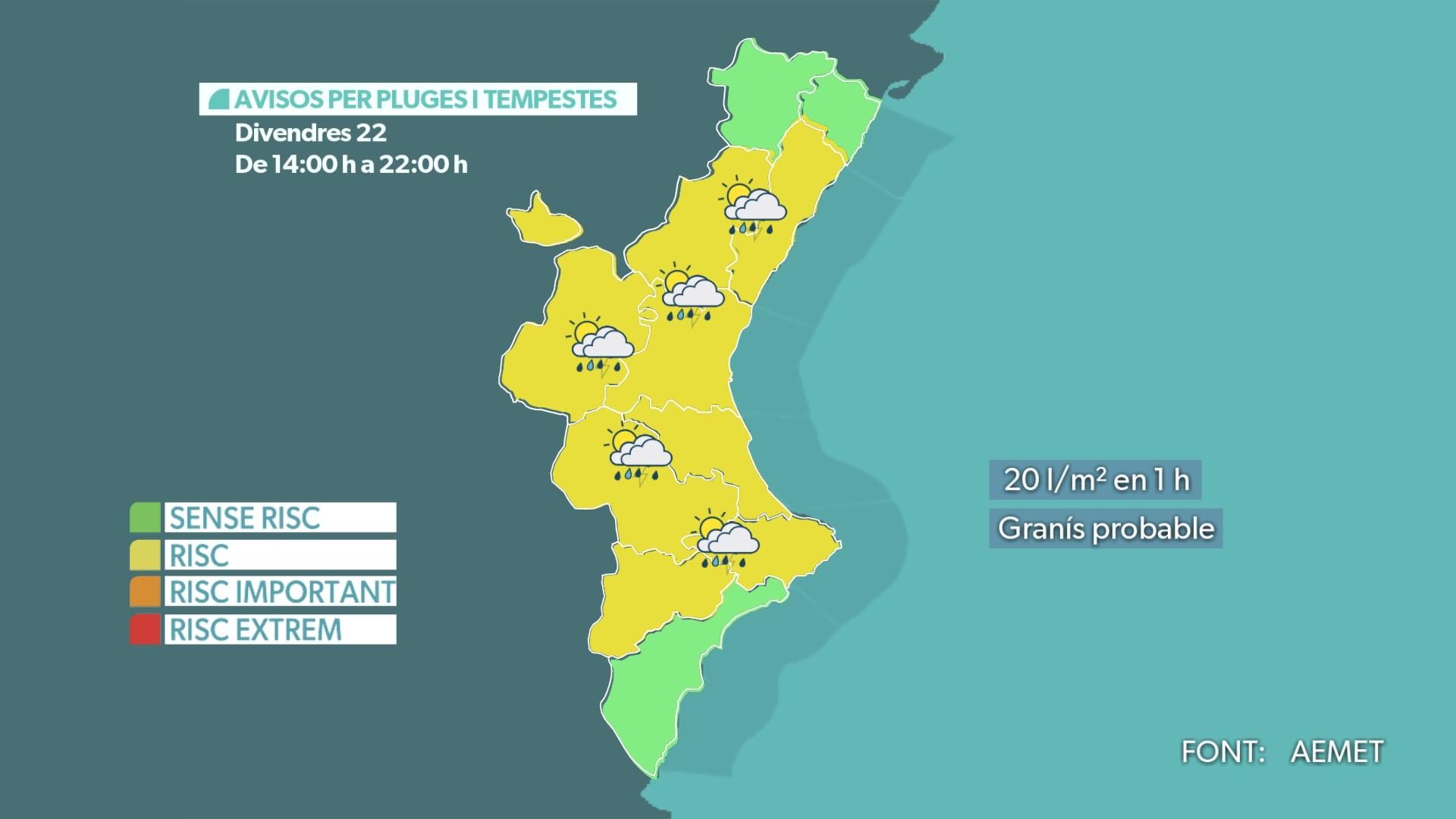 Mapa d'avisos per a este divendres, 22 d'agost Mapa d'avisos per a este divendres, 22 d'agost