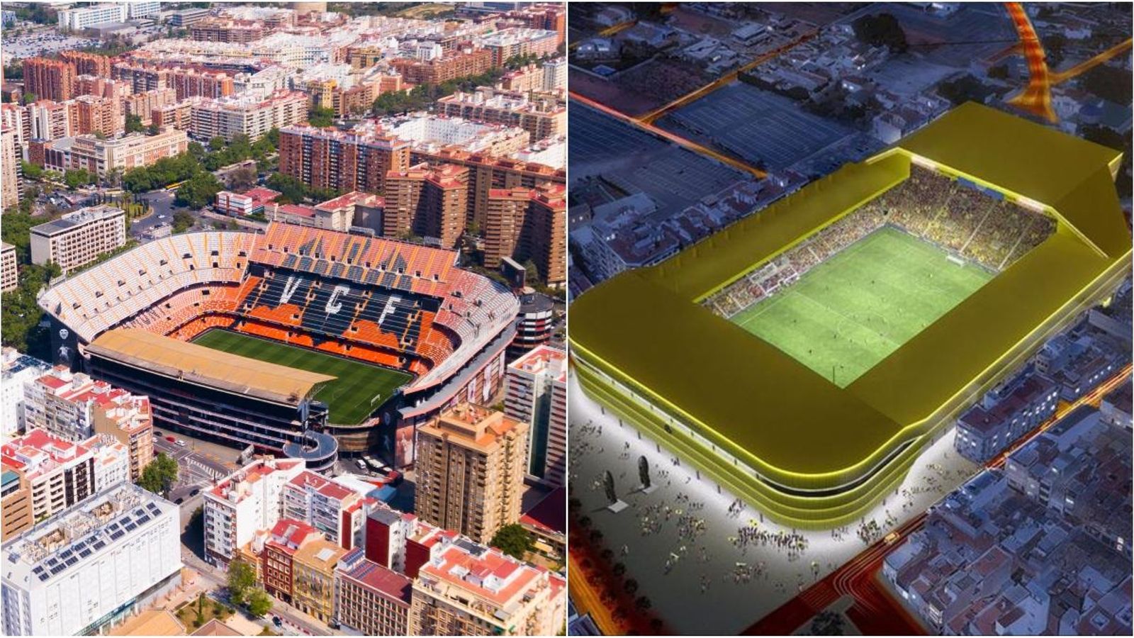 Estadi de Mestalla i futur nou estadi de la Ceràmica després de la remodelació