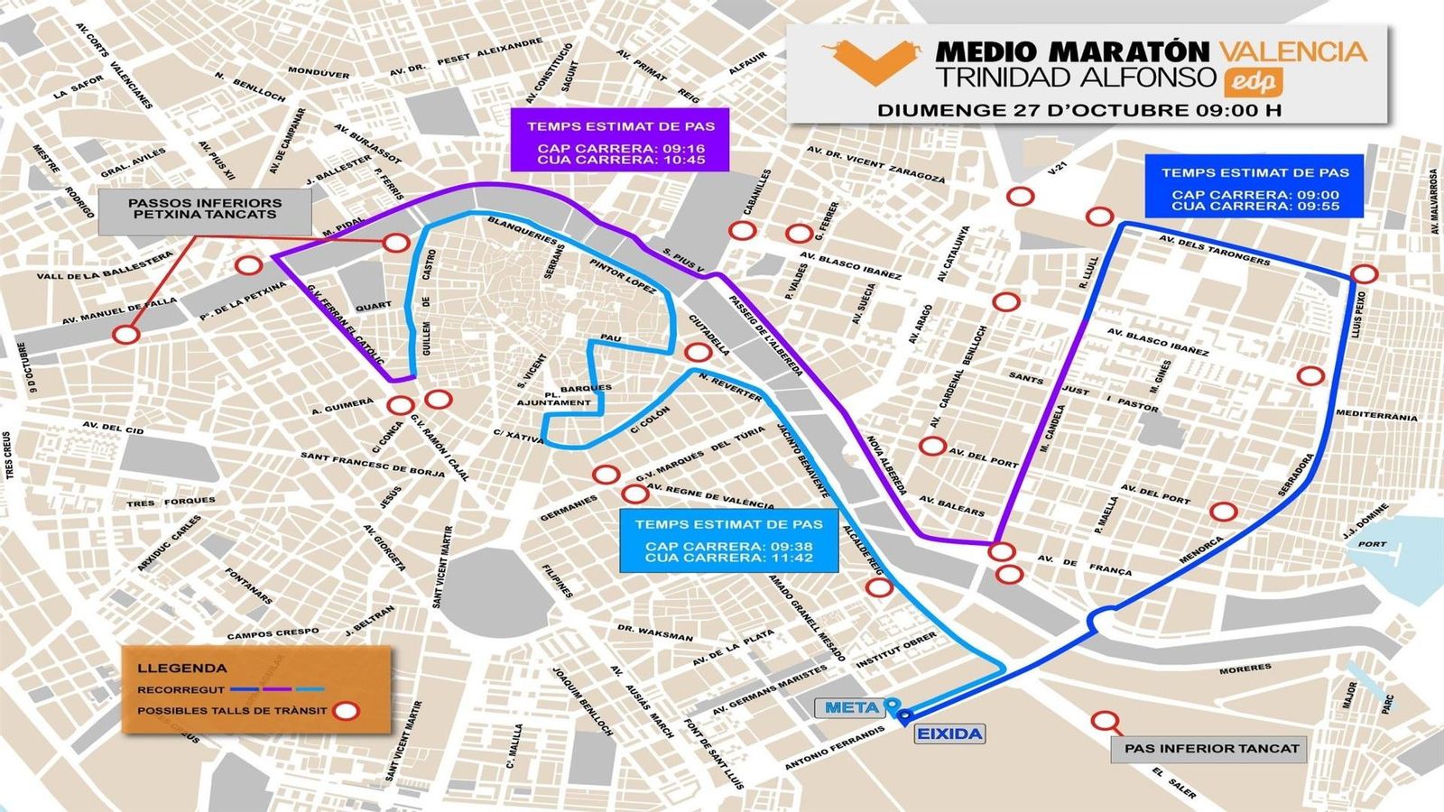 Recorregut i talls de carrers per la Mitja Marató de València 2019