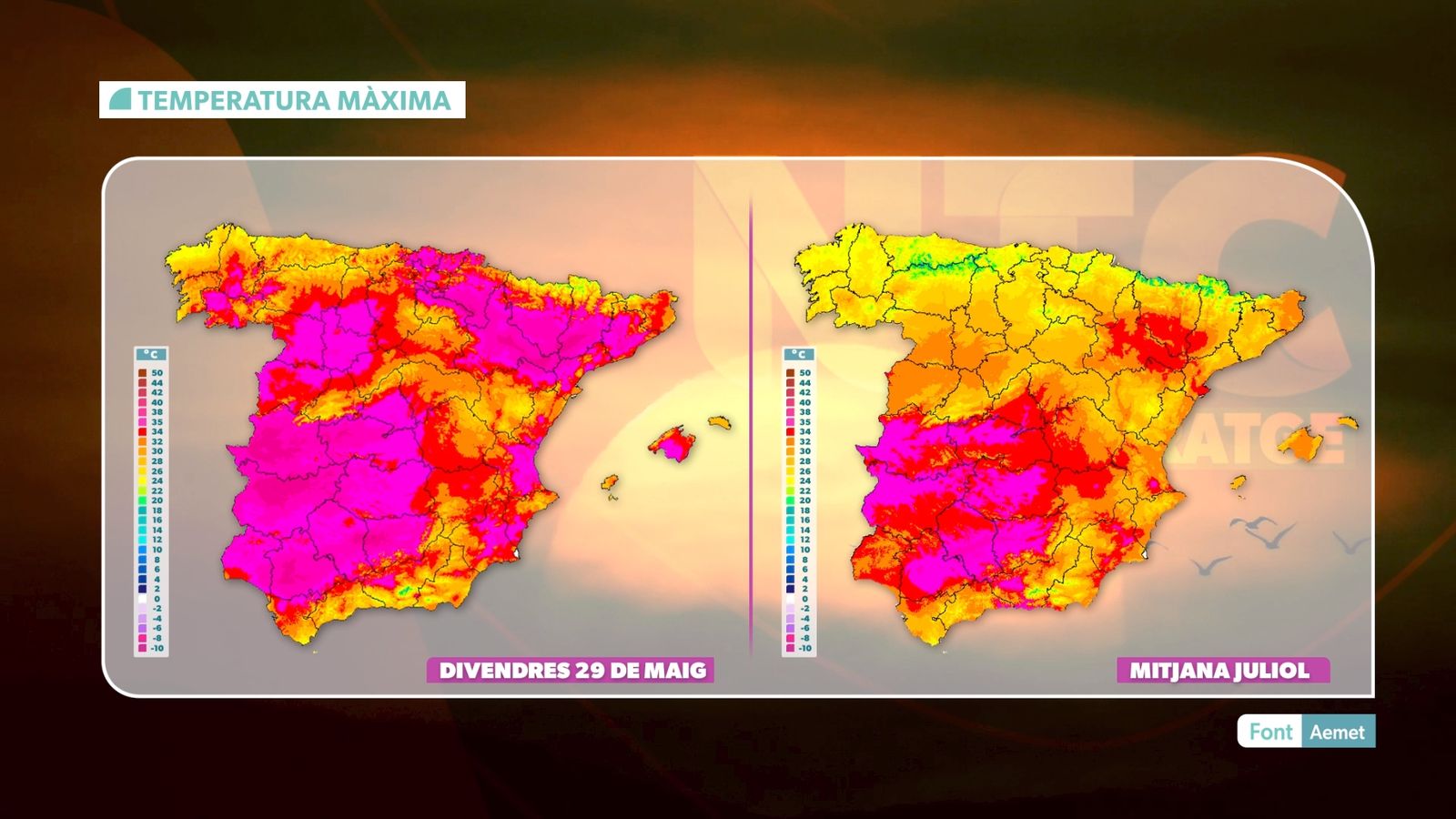 Comparativa de la temperatura màxima entre el divendres 29 de maig i la mitjana de juliol a Espanya