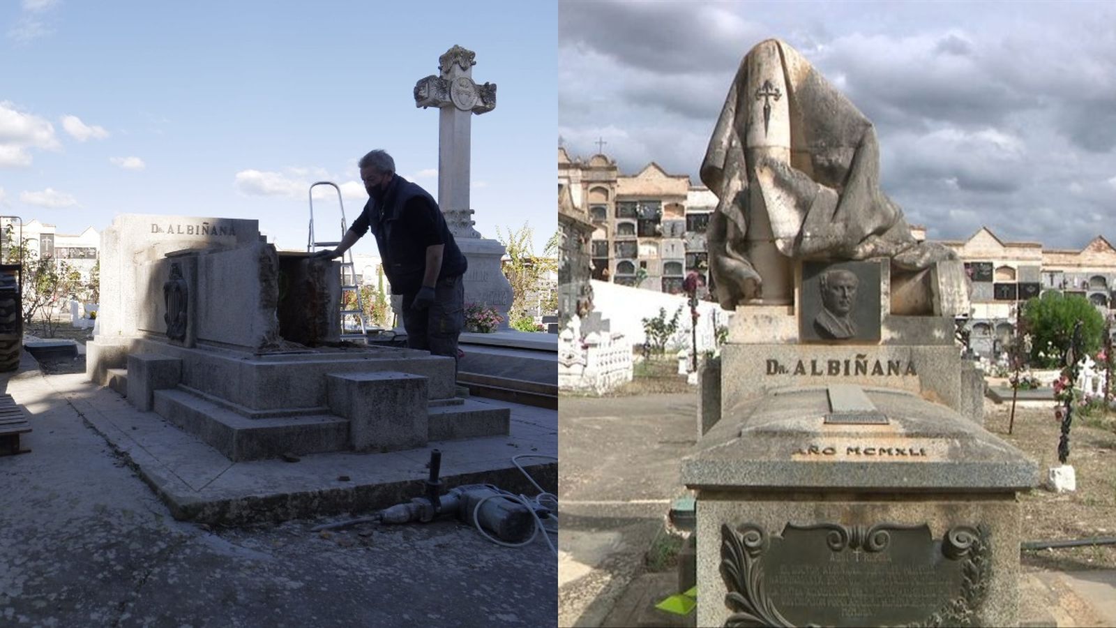 D'esquerra a dreta, comparativa de la situació actual i del monument funerari original