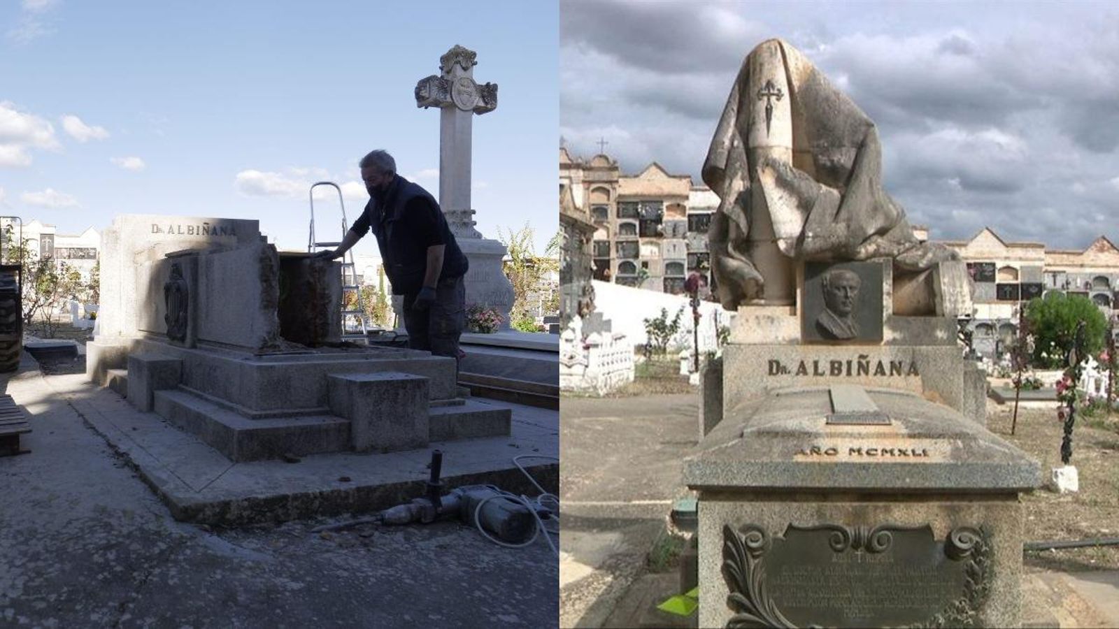 D'esquerra a dreta, comparativa de la situació actual i del monument funerari original D'esquerra a dreta, comparativa de la situació actual i del monument funerari original