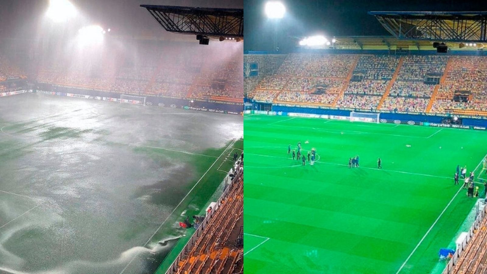 Imatges de l'Estadi de la Ceràmica, amb 45 minuts de diferència entre les dues