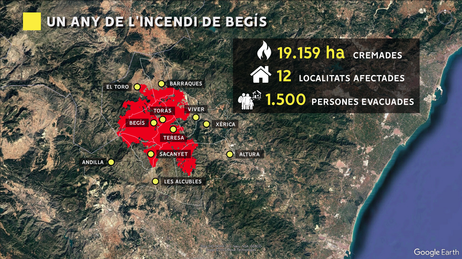 Mapa de la zona afectada per l'incendi declarat a Begís el 15 d'agost de 2022