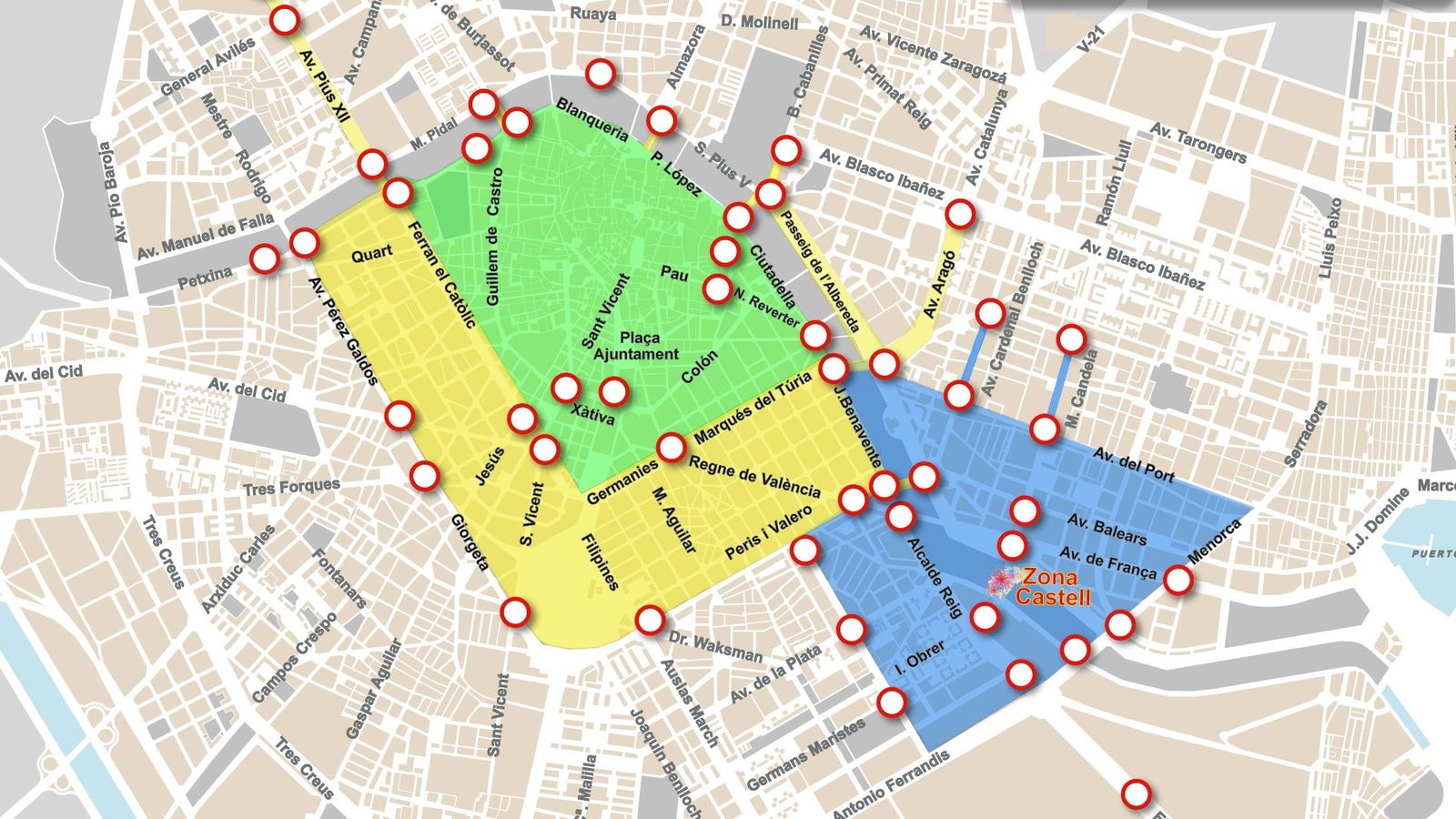 En verd, la zona tancada al trànsit des de les 15 hores; en groc la que es tallàra durant l'Ofrena i en blau, durant els castells