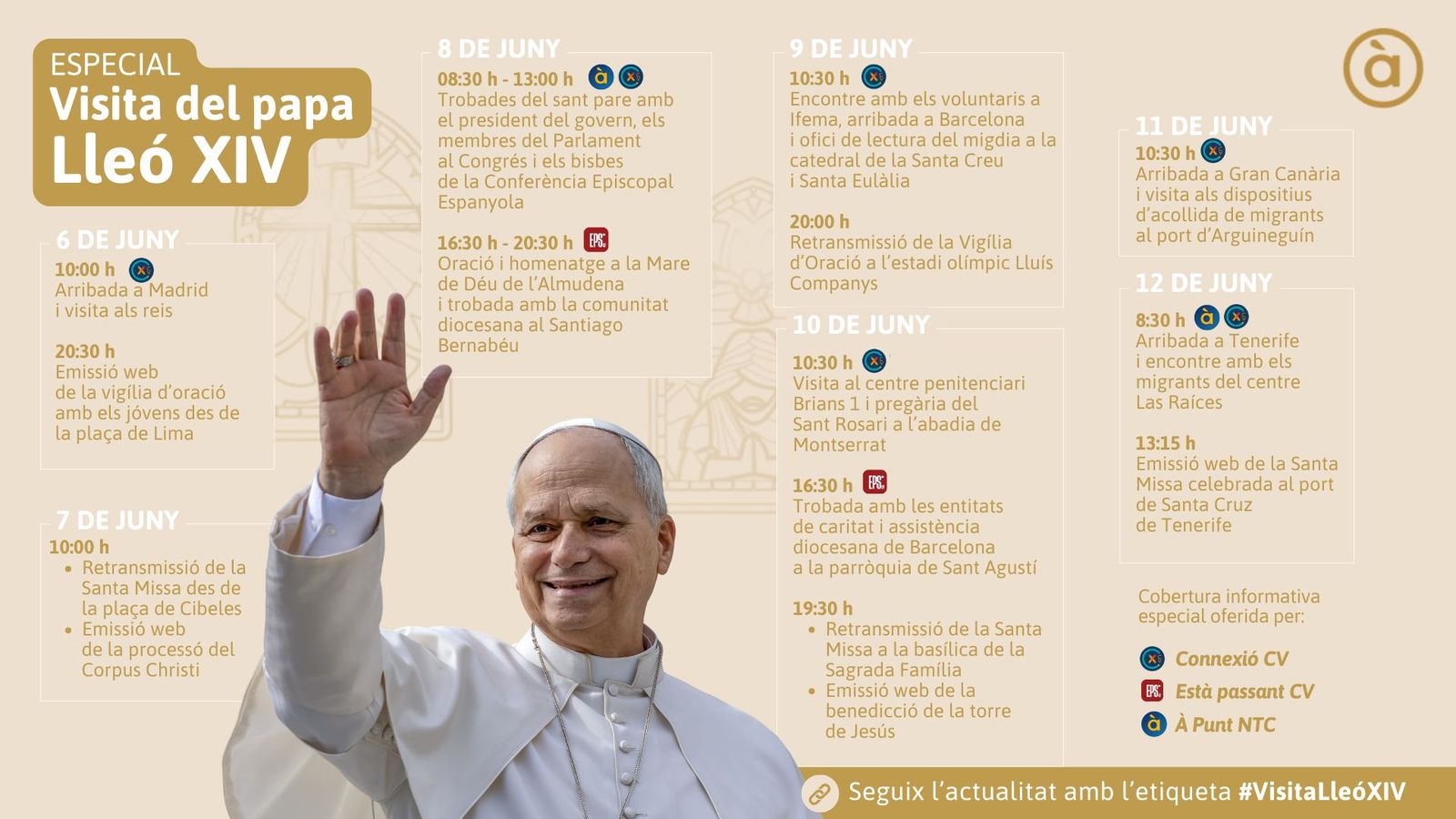 Resum de la programació especial d'À Punt amb motiu de la històrica visita apostòlica del apa Lleó XIV a Espanya