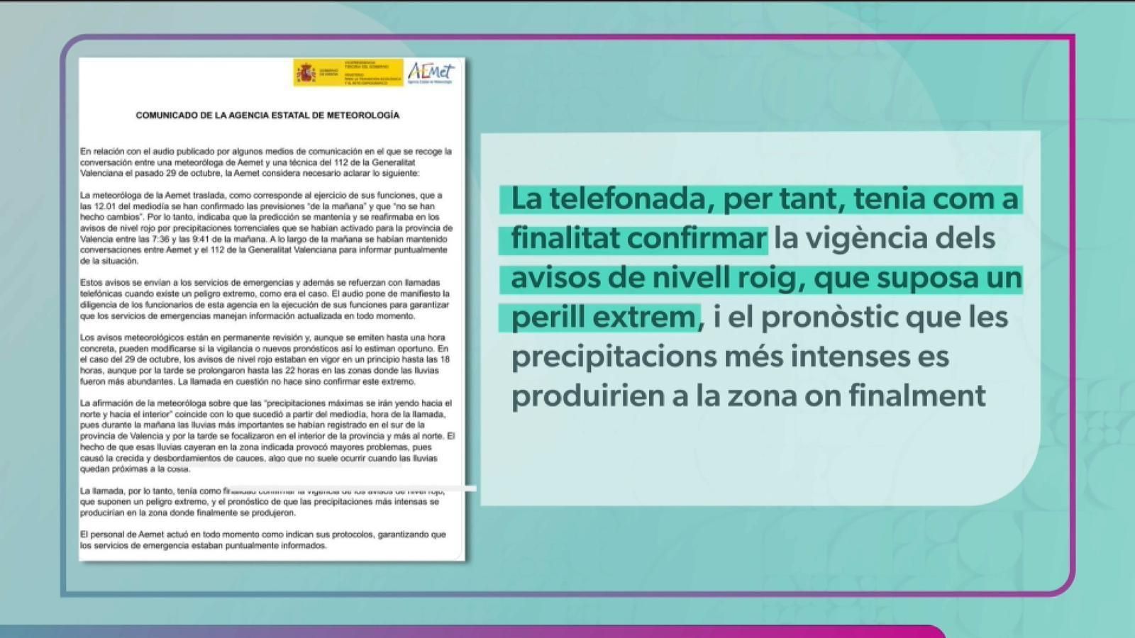 Captura del comunicat de l'Aemet el dia de la divulgació de l'àudio retallat