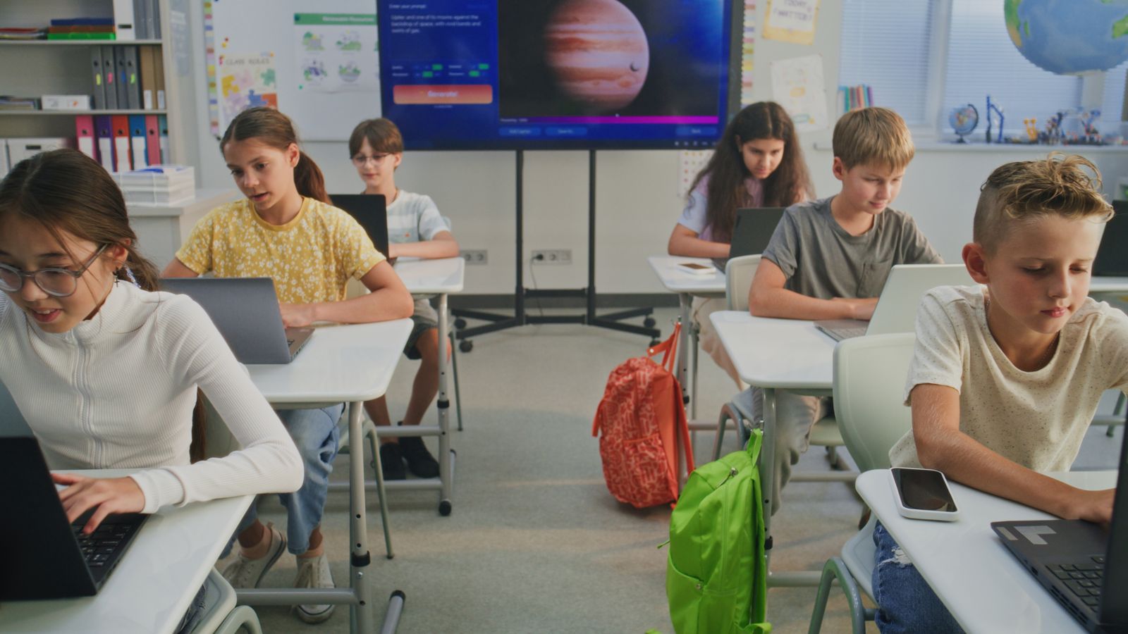 Imatge d'arxiu d'un grup de menors utilitzant l'ordinador en l'aula