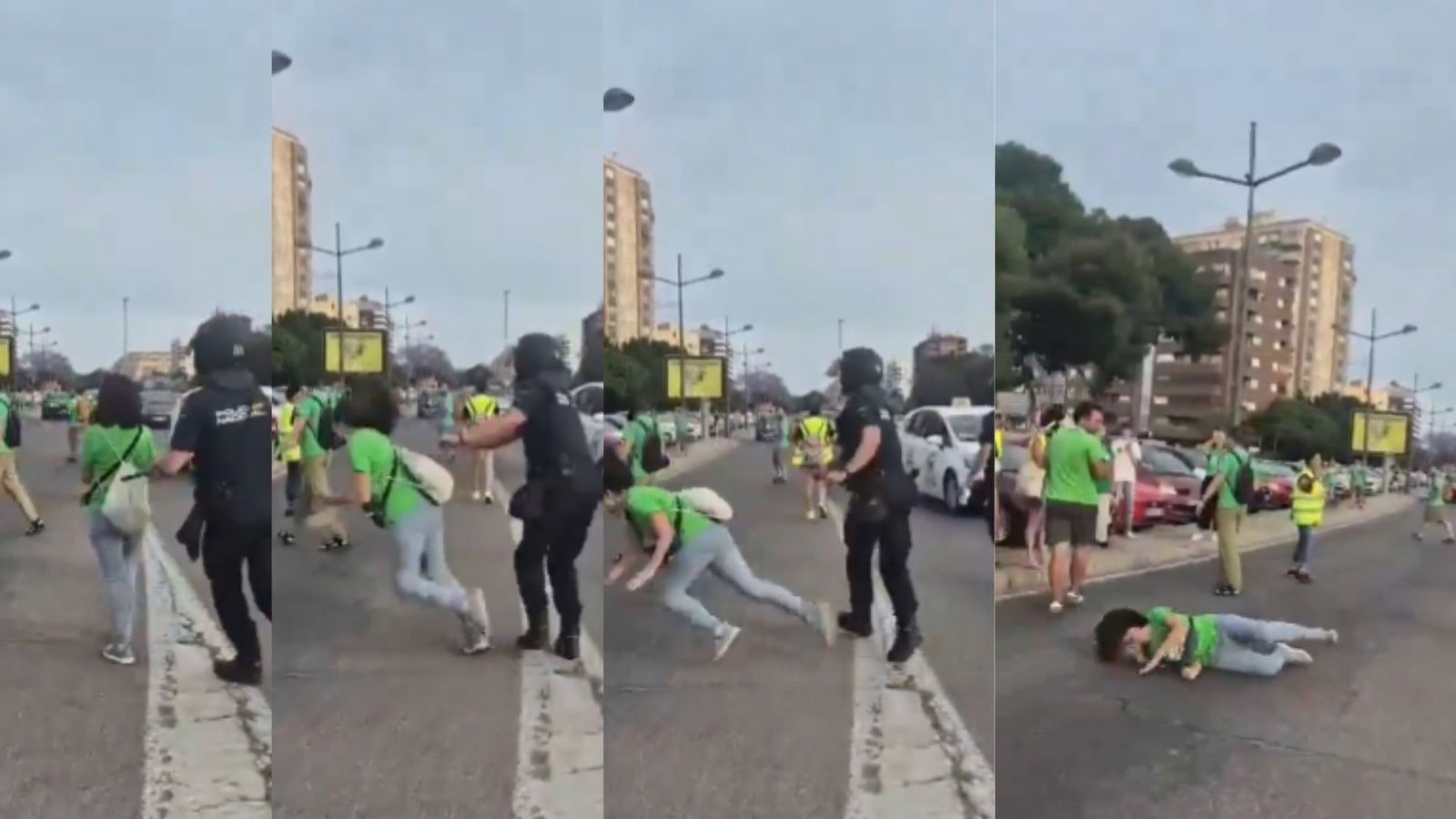 Un angent de la Policia Nacional agredix a una manifestant davant de la Conselleria d'Educació