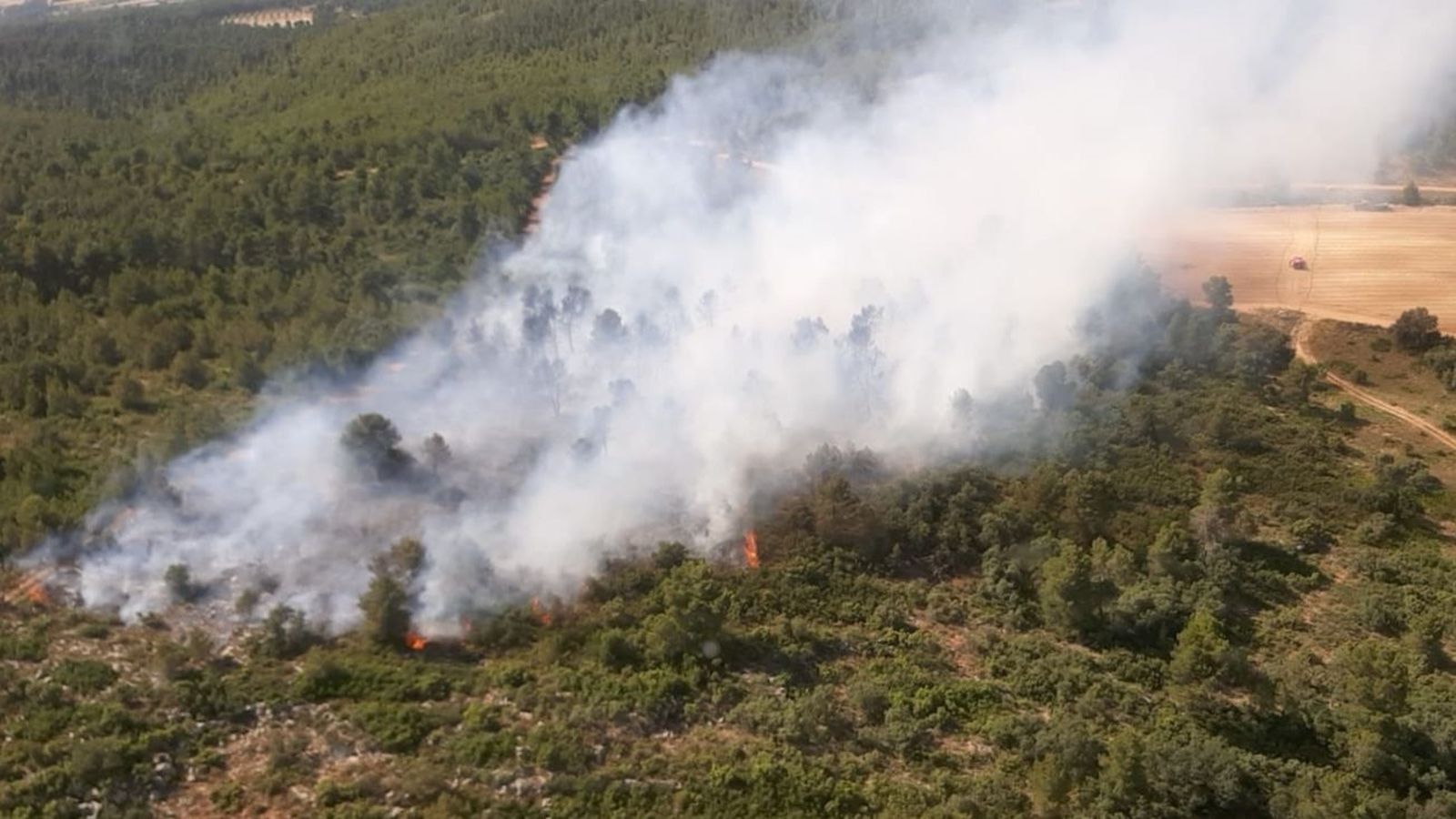 Vista aeria de l'incendi forestal declarat a Bocairent