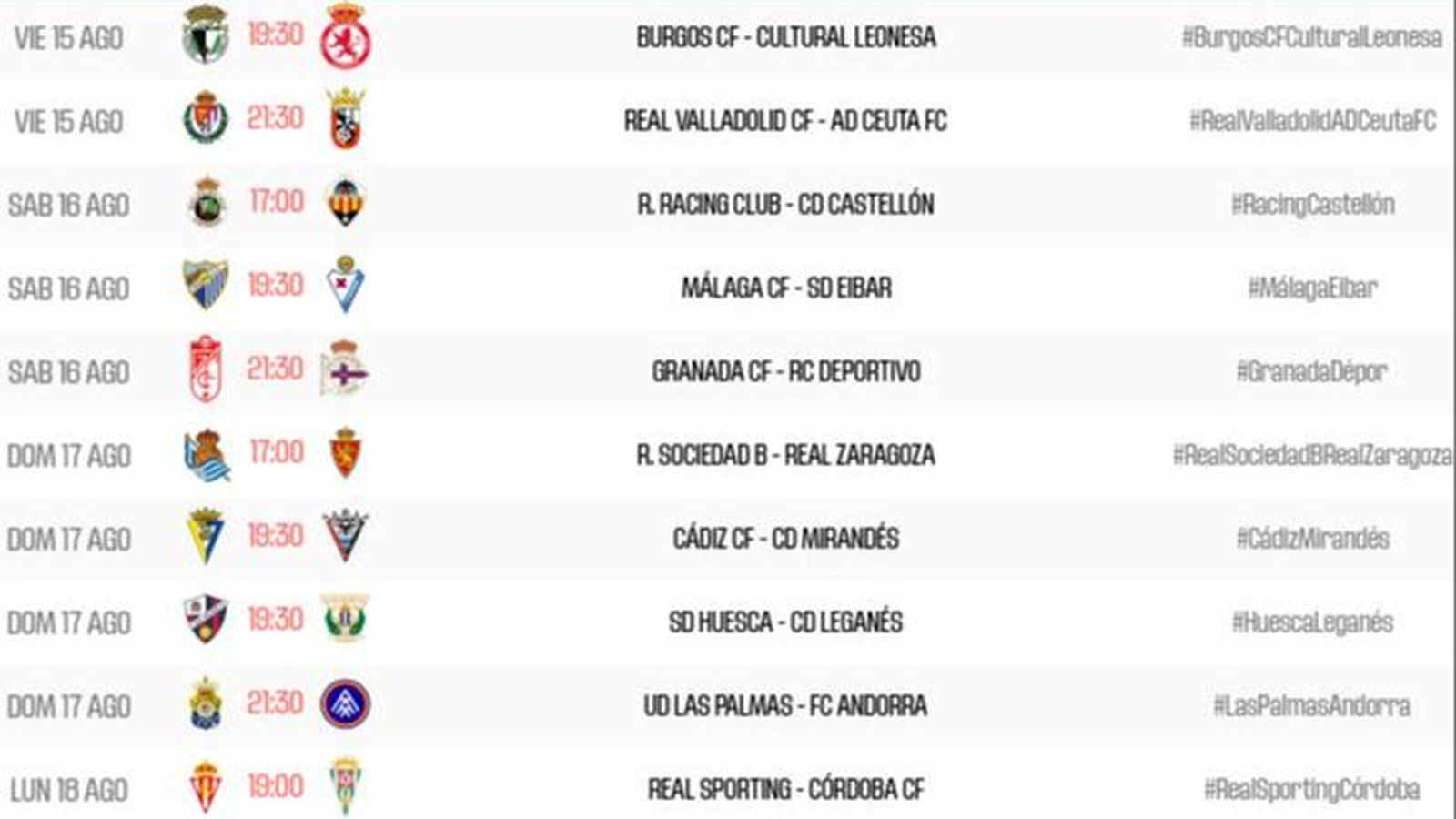 Horaris de la jornada 1 en Segona