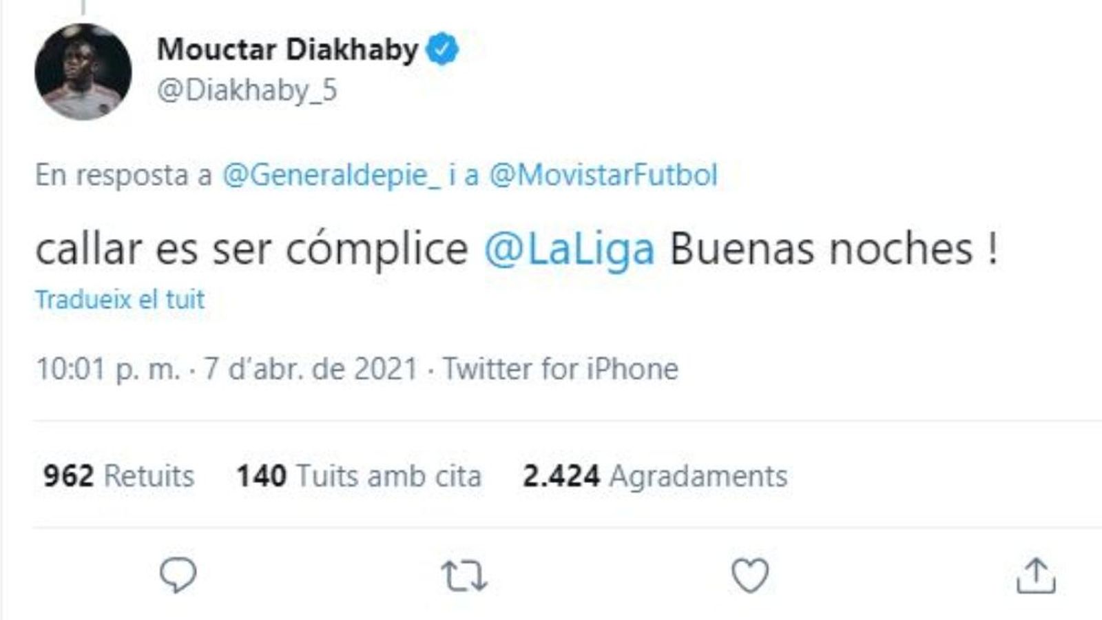 El jugador del València Mouctar Diakhaby envia un missatge a la Lliga