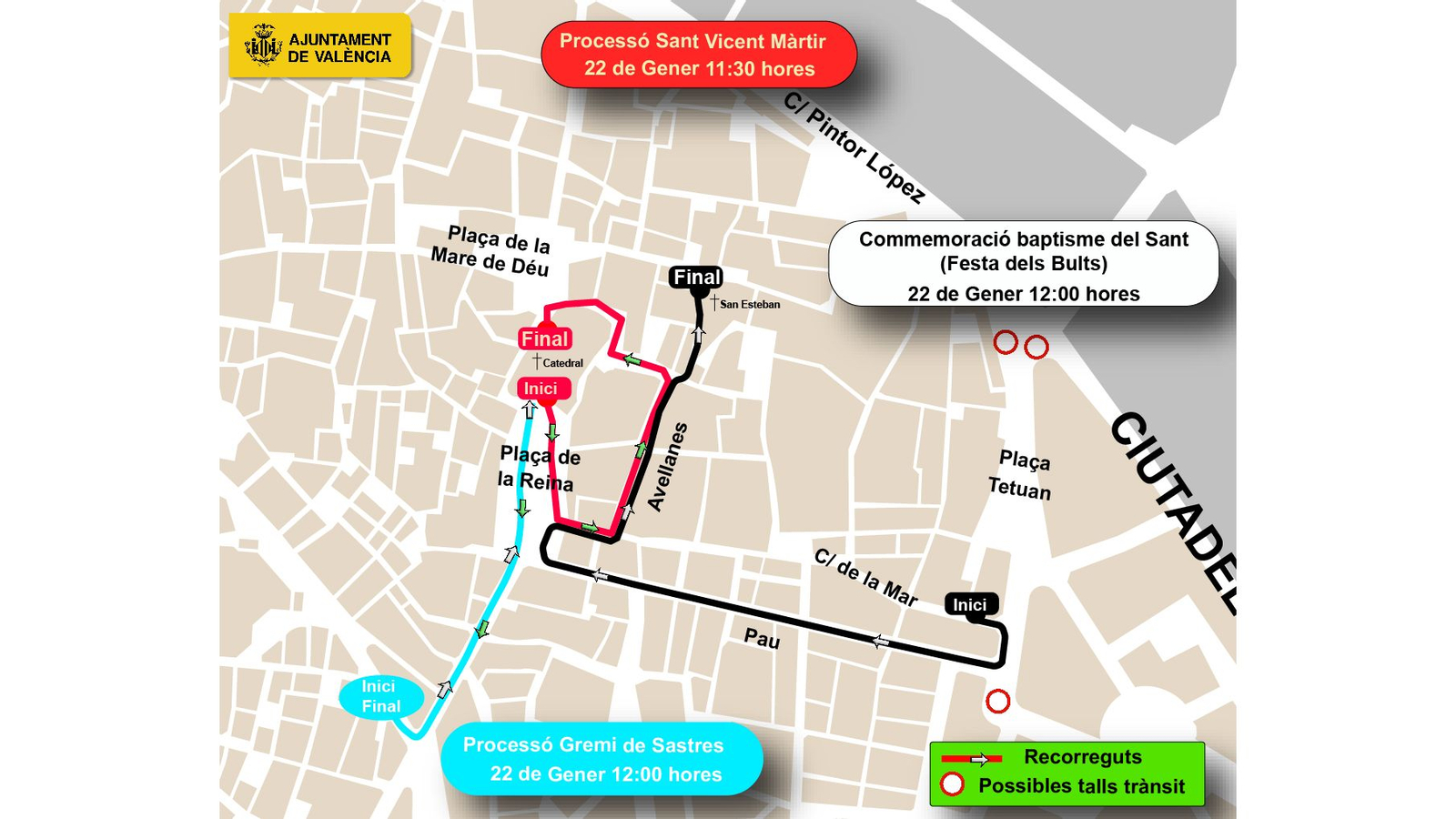 Carrers tallats al trànsit al centre de València a causa de les celebracions de sant Vicent Màrtir