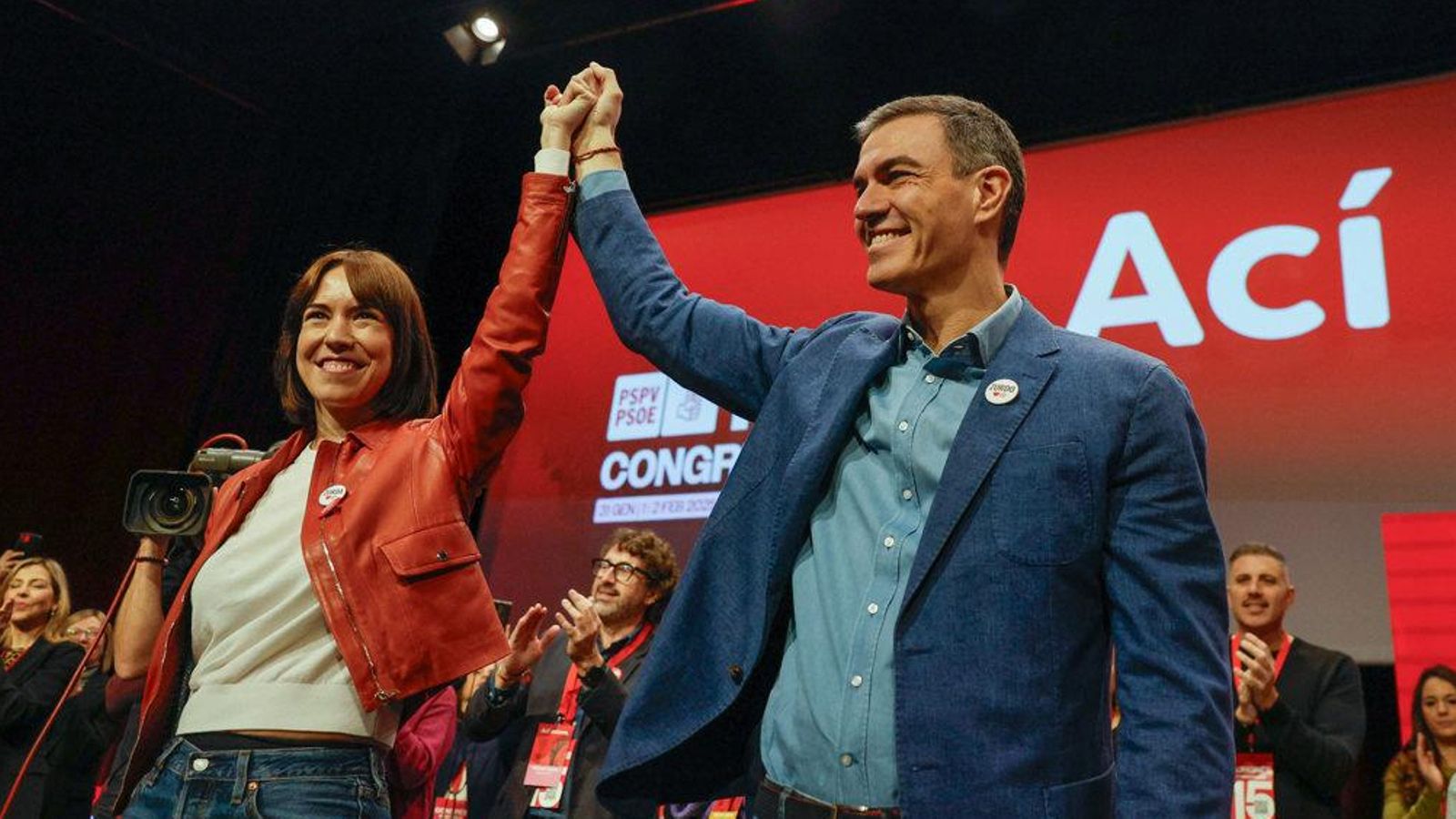 La secretària general del PSPV-PSOE i ministra, Diana Morat, amb el líder del PSOE i president del govern espanyol Pedro Sánchez