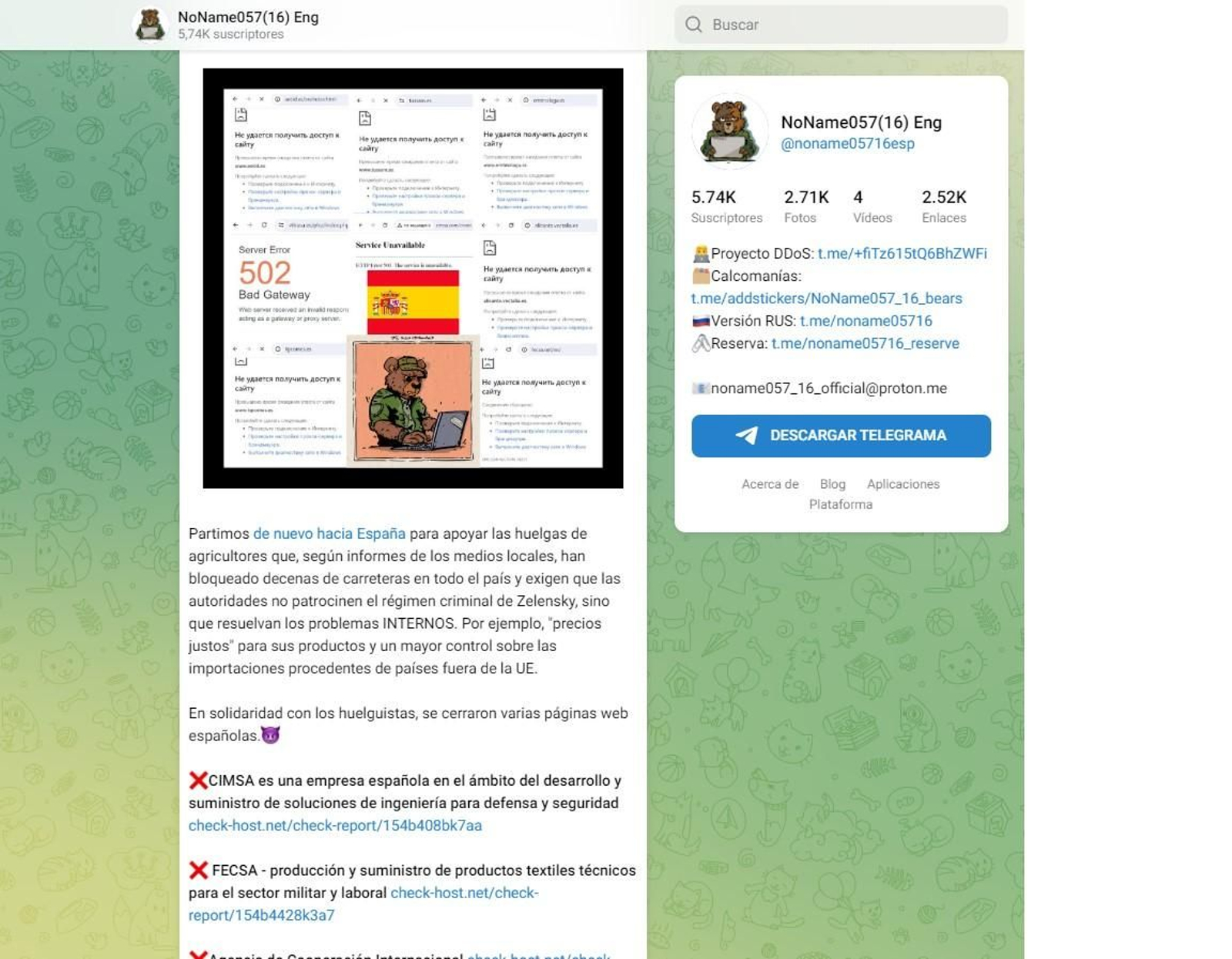 Pàgina de Telegram del grup de pirates informàtics